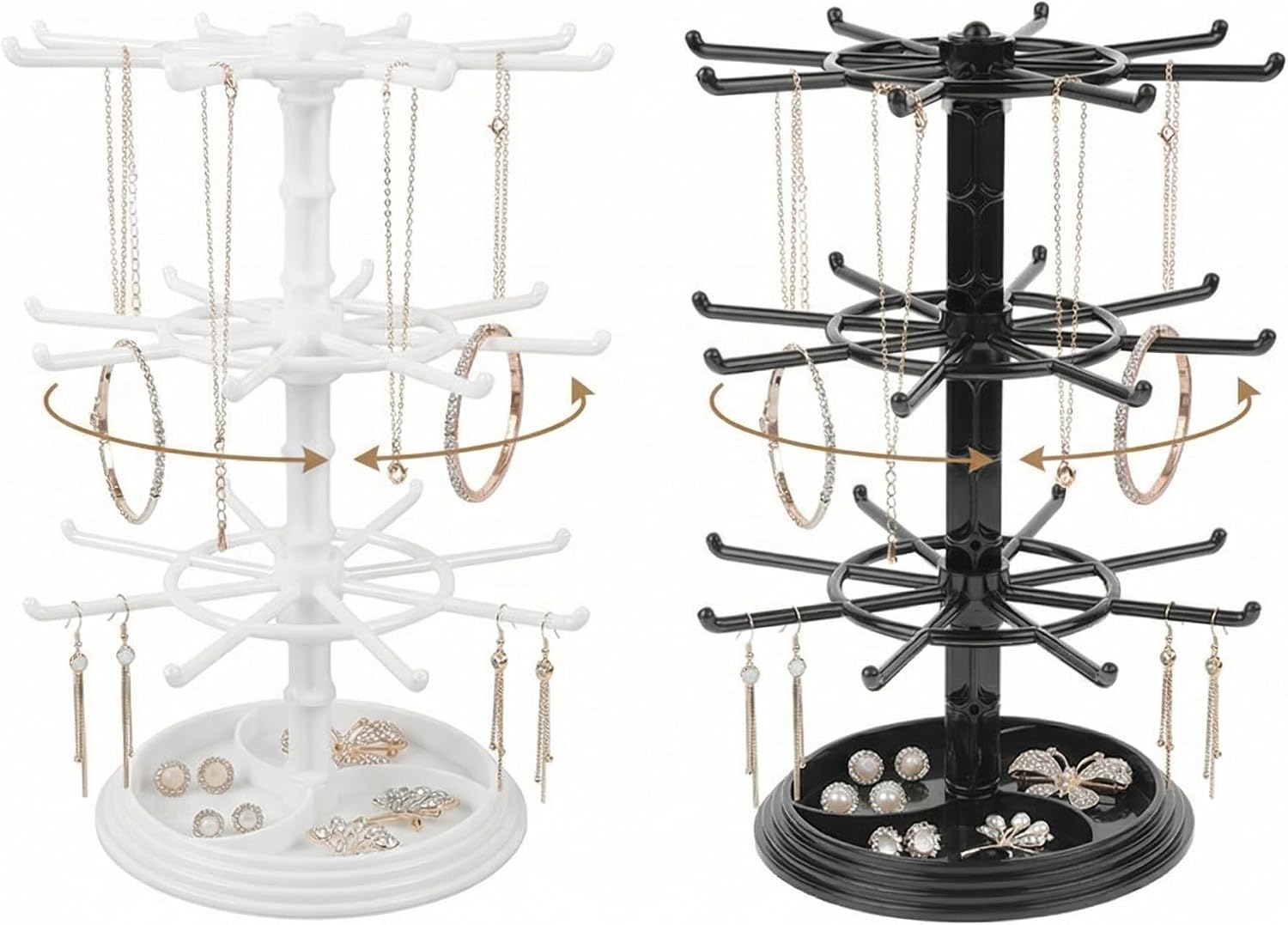 TOYANDONA Rotating Jewelry Organizer Stand 2 Pack Earring Holder Organizer with Necklace Bracelet Ring and Watch Display Jewelry Tree Stand for Vanity Bedroom or Bathroom
