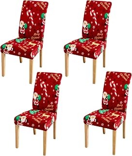 4 Piezas Fundas de silla de Navidad, Fundas lavables para sillas de comedor navideñas, Cubierta elástica para sillas de comedor de navidad, Cubierta de silla de Papá Noel para Comedor Hotel Decor (A)