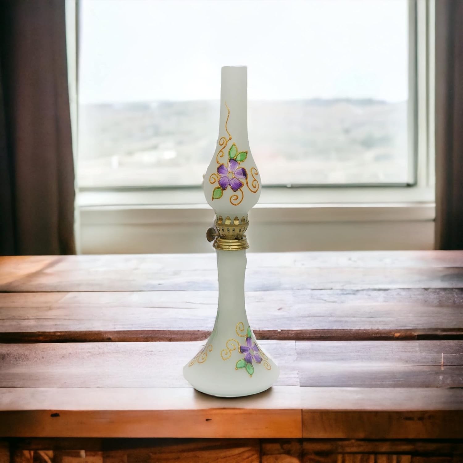 Hand Blown Glass, Red Flowers Hand Painted Opaque Finish Oil Lamp 13" Tall