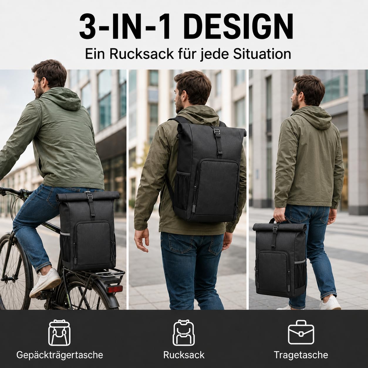Alforja para bicicleta 2 en 1, portaequipajes y mochila, impermeable, con soporte de liberación rápida, para uso diario y excursiones (negro, 30 L)