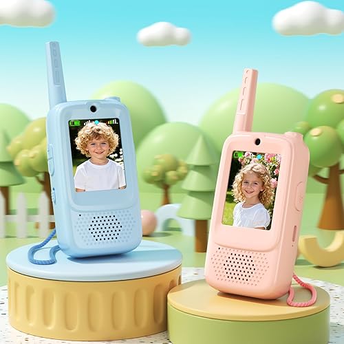 Walkie Talkies de video para niños, paquete de 2 intercomunicadores de video recargables para niños, largo alcance con 3 tipos de cambiador de voz,
