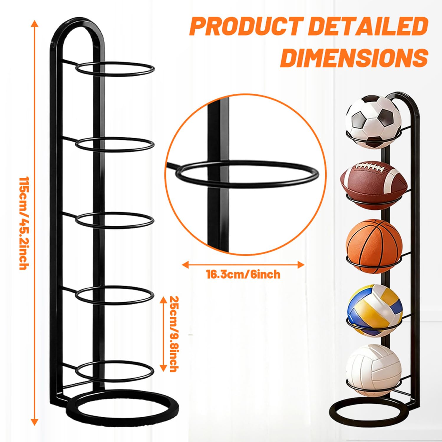 Support mural pour ballon de football à 5 niveaux, amovible, support vertical pour balles, organisateur d'équipements de sport pour ballons, support mural pour basket-ball, football, volley-ball et - 3
