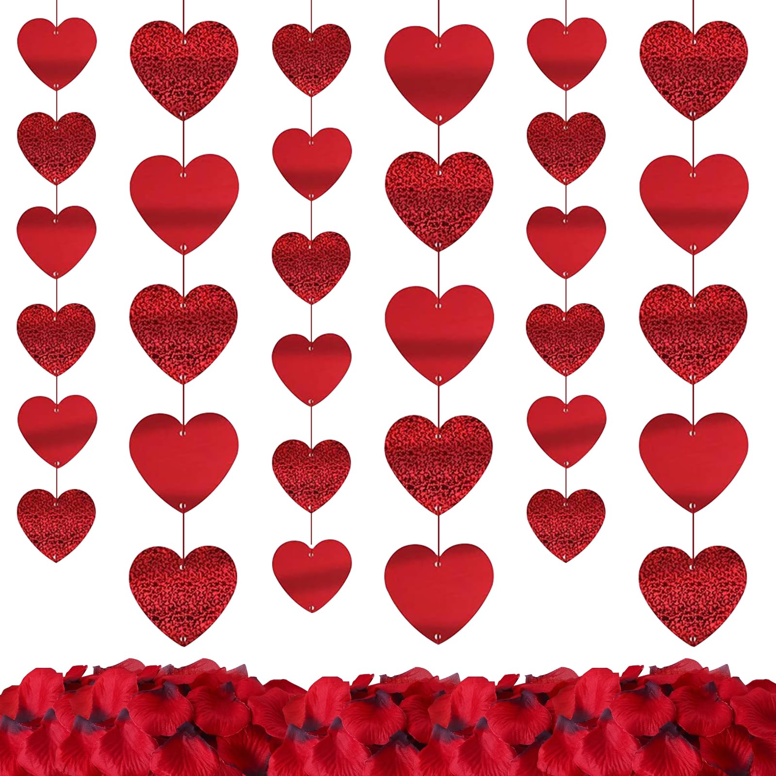 CaiTang 6 Piezas Guirnalda de Corazón Rojo, Guirnalda Corazones Decoración San Valentín, 1000 Pétalos de Rosa, Decoración San Vatentín Banderines, Guirnalda Corazones Decoracion Colgantes, 6 * 2M