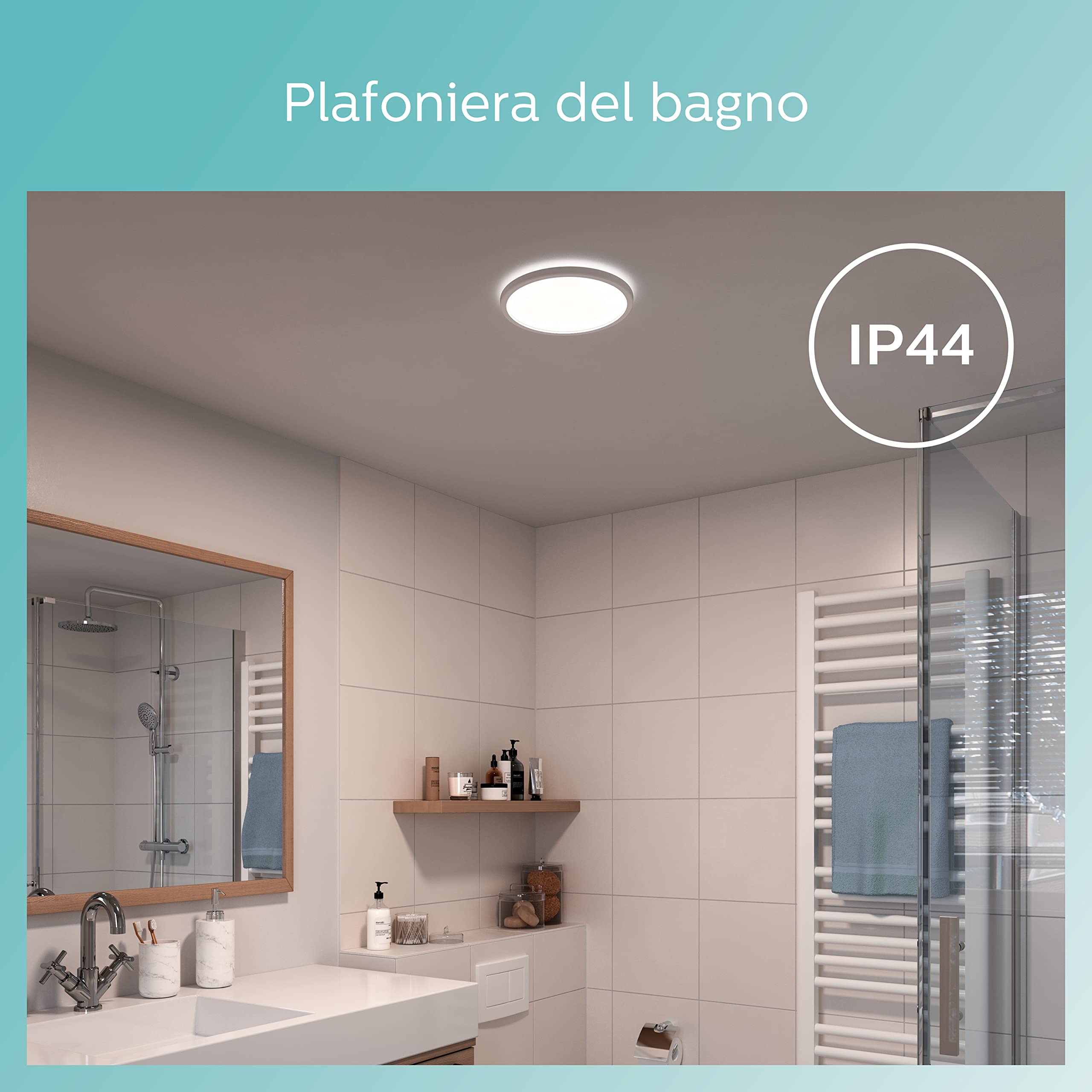 Philips LED soffitto bagno Superslim, bianco, 15W, luce bianca neutra 4.000K, 3 impostazioni di luce - dimmerabile senza dimmer, protezione IP44, confezione doppia
