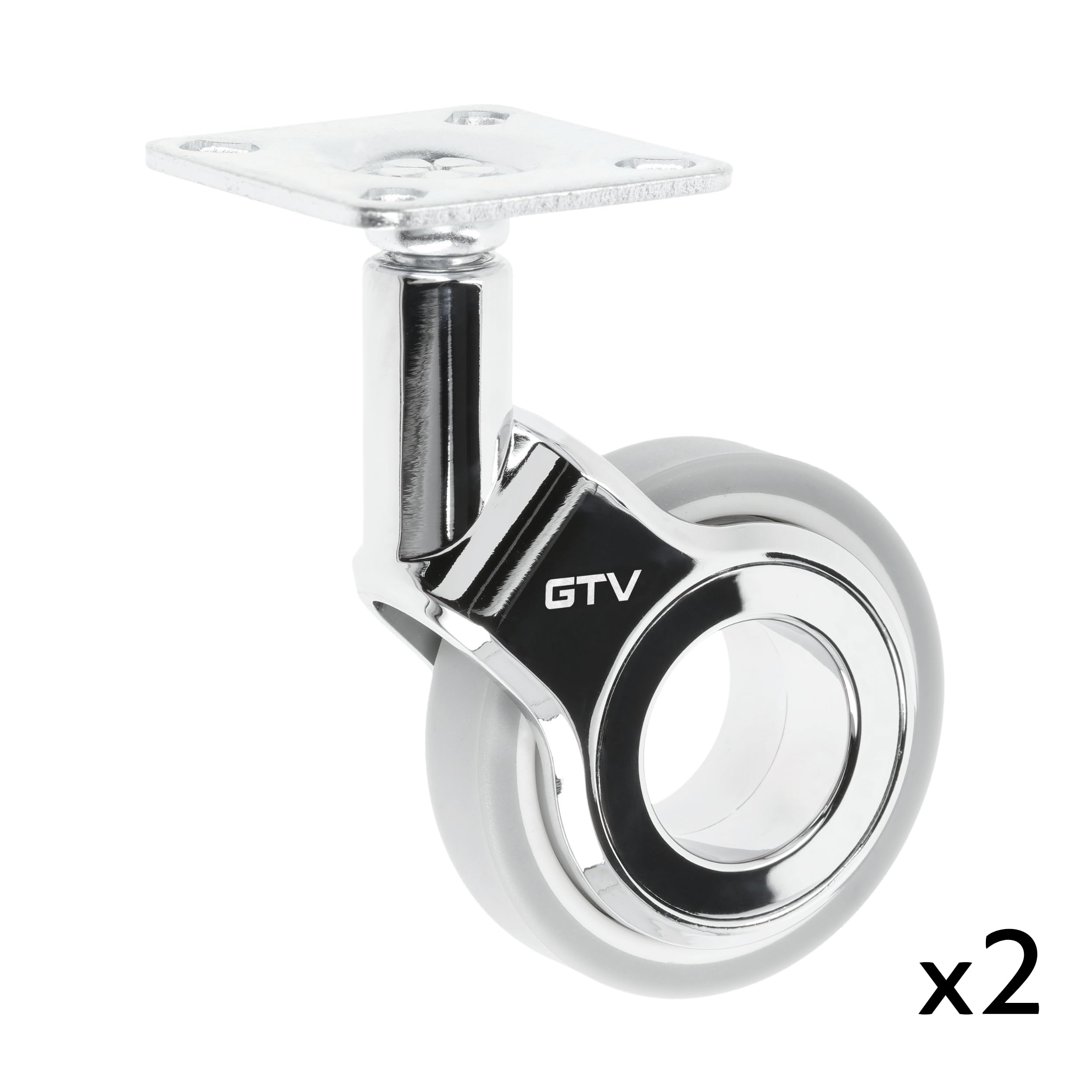GTV – Rotelle per mobili GIRA, set di 2 ruote frenate + 2 ruote per mobili senza freno, cromato/grigio opaco, girevole a 360°, per scrivania, mensola, tavolino, sgabello, diametro 60 mm, altezza 94 mm