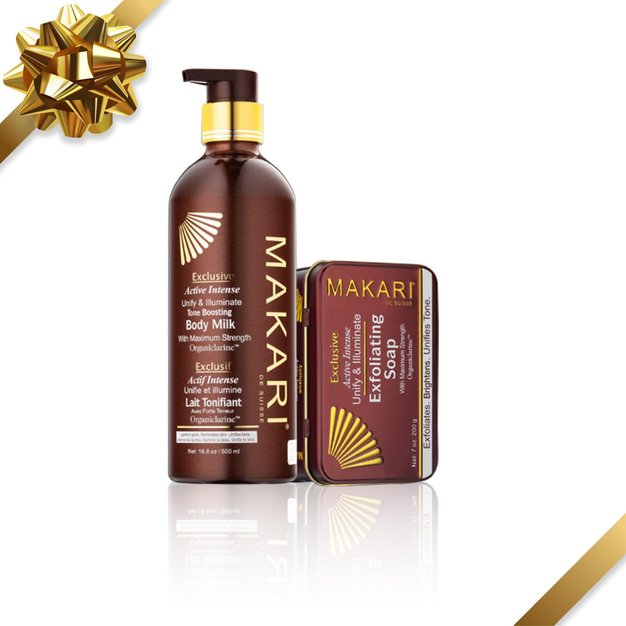 MAKARI Exclusive Skin Care 2-Piece Gift Set | Self-Care Kit with Body Milk Lotion with Organiclarine & Exfoliating Soap | Beauty Gift Set for Women with Free Makeup Bag