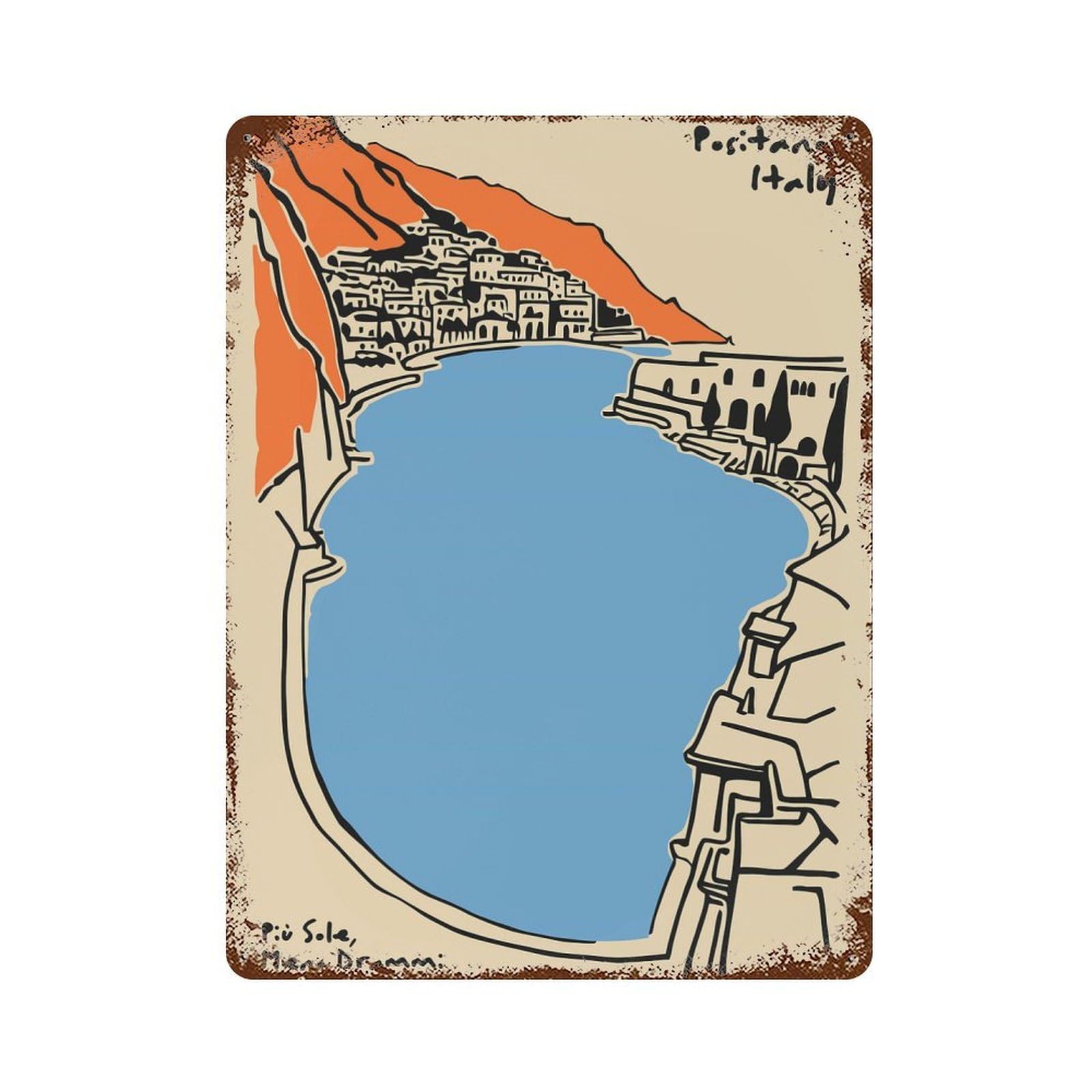 Positano, Italy Illustration Decorative Tin Sign 15.7"x11.8", Farmhouse Wall Decor for Garage, Bar And Workshop Decor