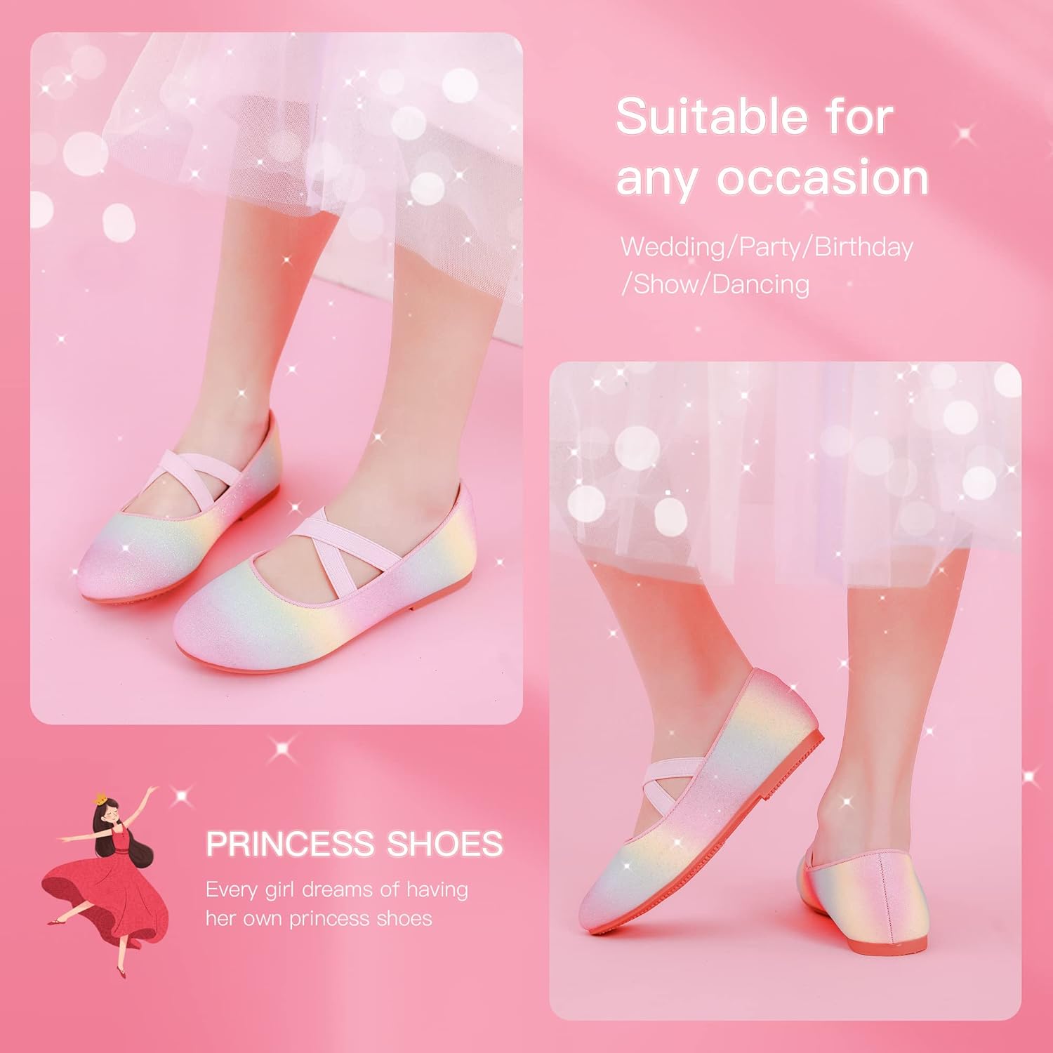 Walofou Flower Girls Birthday Party Princess Shoes for Girl Girls' Rainbow Flats for Toddler Little Kids Big Kids (2204 Rainbow 9)