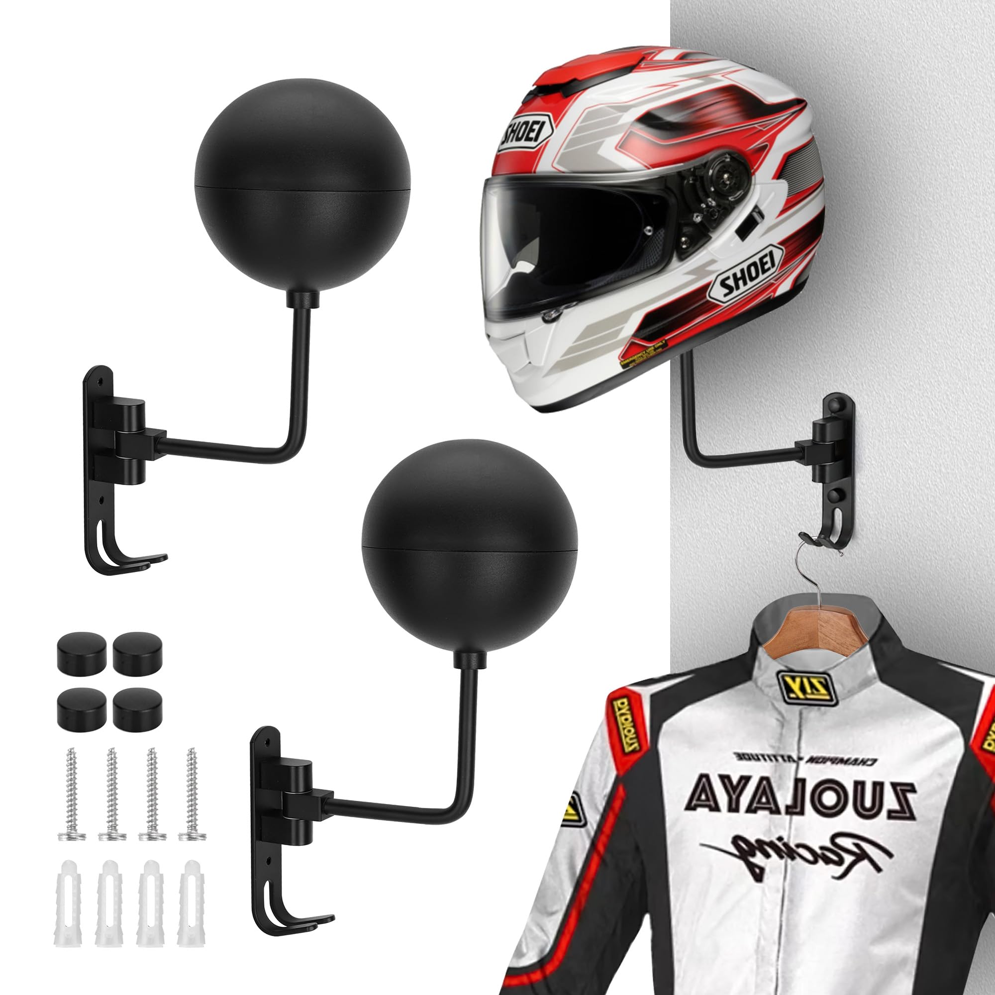 Axincardarm Black 2 Pcs Helmet Stand 180° Wall Mounted Rotation Helmet Holder With Hook, Rotatable Hat Stand For Motorbike, Baseball Rugby Helmets, Hats, Coats, Wigs