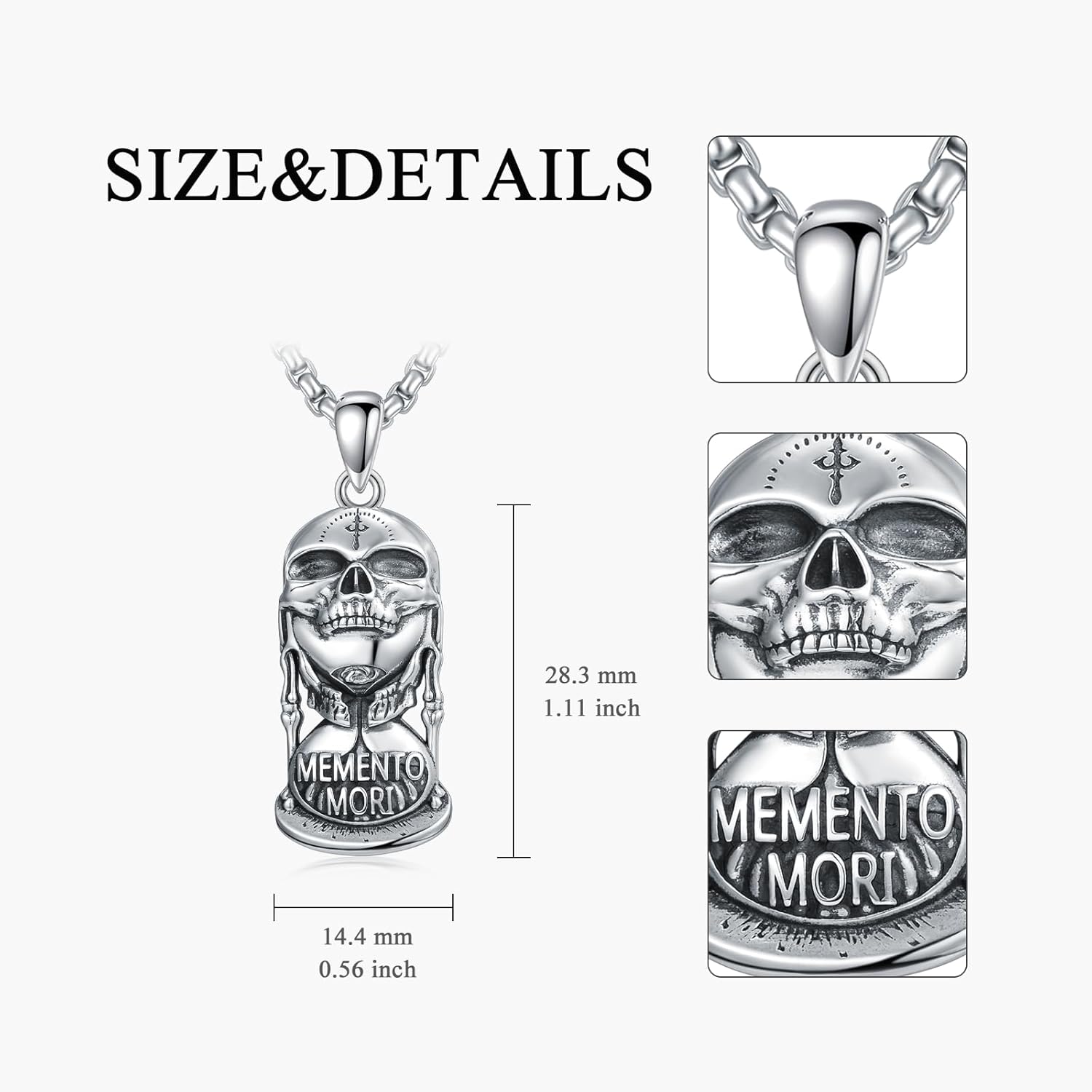 PELOVNY Memento Mori Necklace 925 Sterling Silver Skull Hourglass Necklace Stoic Skull Jewelry Stoicism Christmas Gifts for Men Women Unisex - Image 6