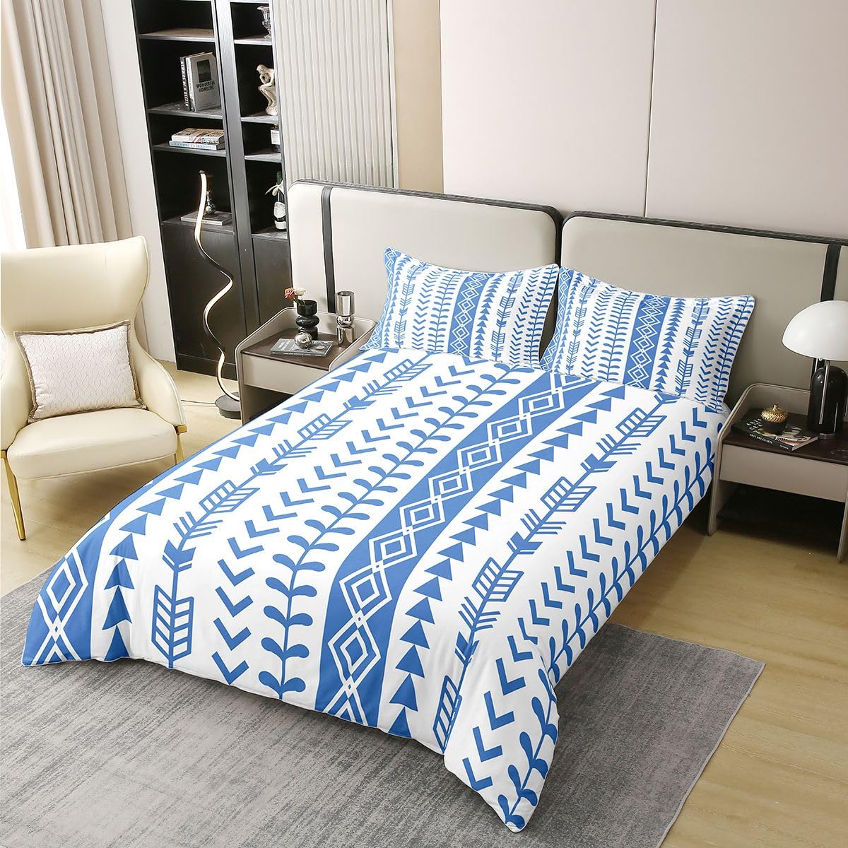 Homewish Boho Arrow poszewka na kołdrę podwójna z 2 poszewkami na poduszki - niebieski zachodni aztecki zestaw pościeli bawełna południowo-zachodnia rdzenna czeska poszewka na kołdrę rustykalne