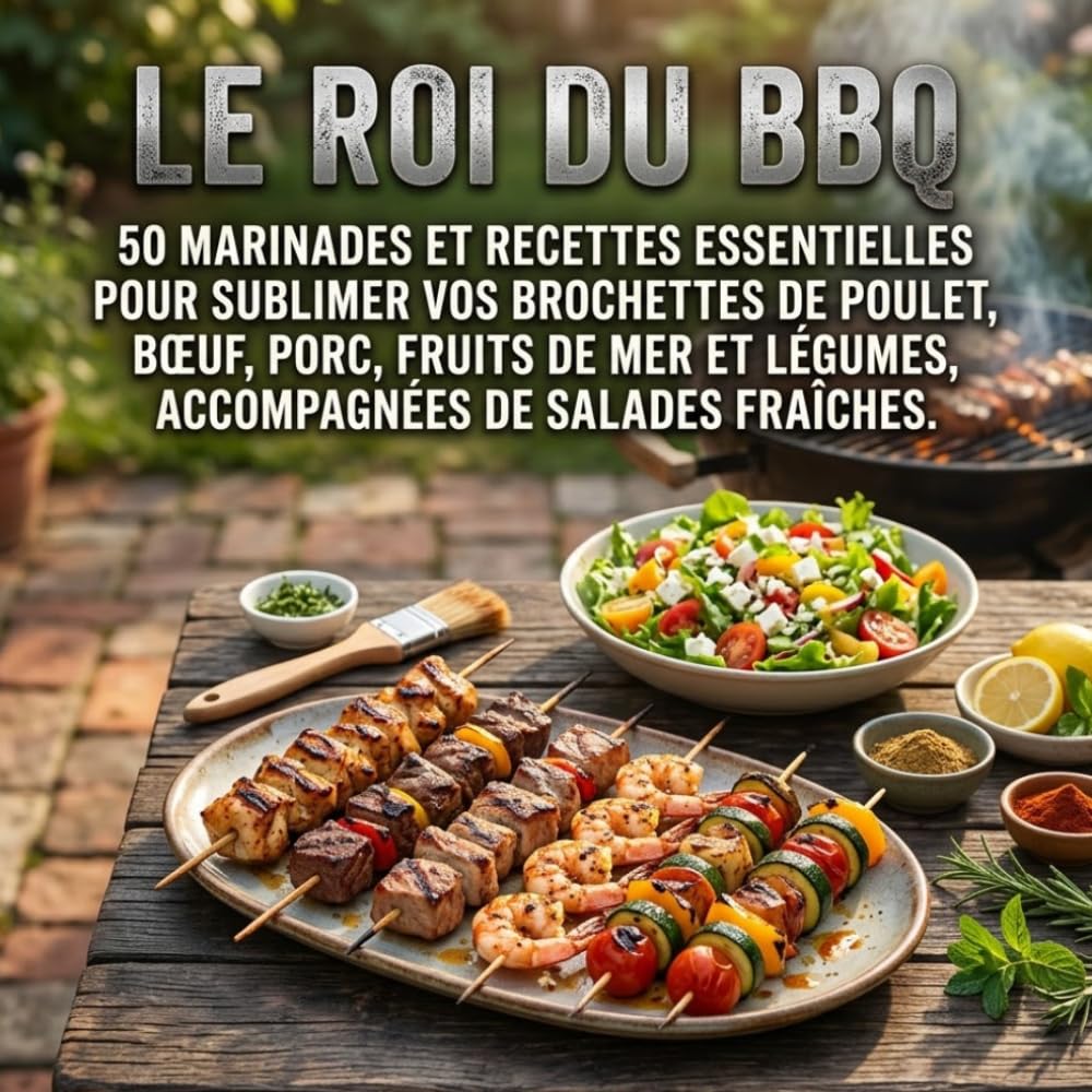 Le Roi du BBQ: 50 marinades et recettes essentielles pour sublimer vos brochettes de poulet, bœuf, porc, fruits de mer et légumes, accompagnées de salades fraîches.