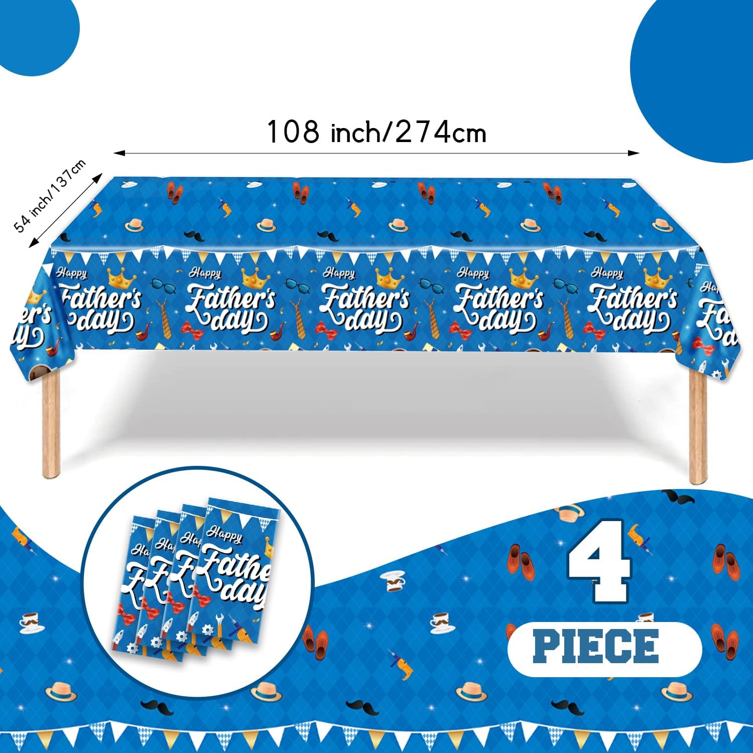4PCS Fathers Day Tablecloth Disposable - 108" × 54", Happy Fathers Day Table Cloth Best Dad Ever Necktie Gift Box Suit Tablecover Plastic Rectangle Table Cover for Dinner Party Decor image 2