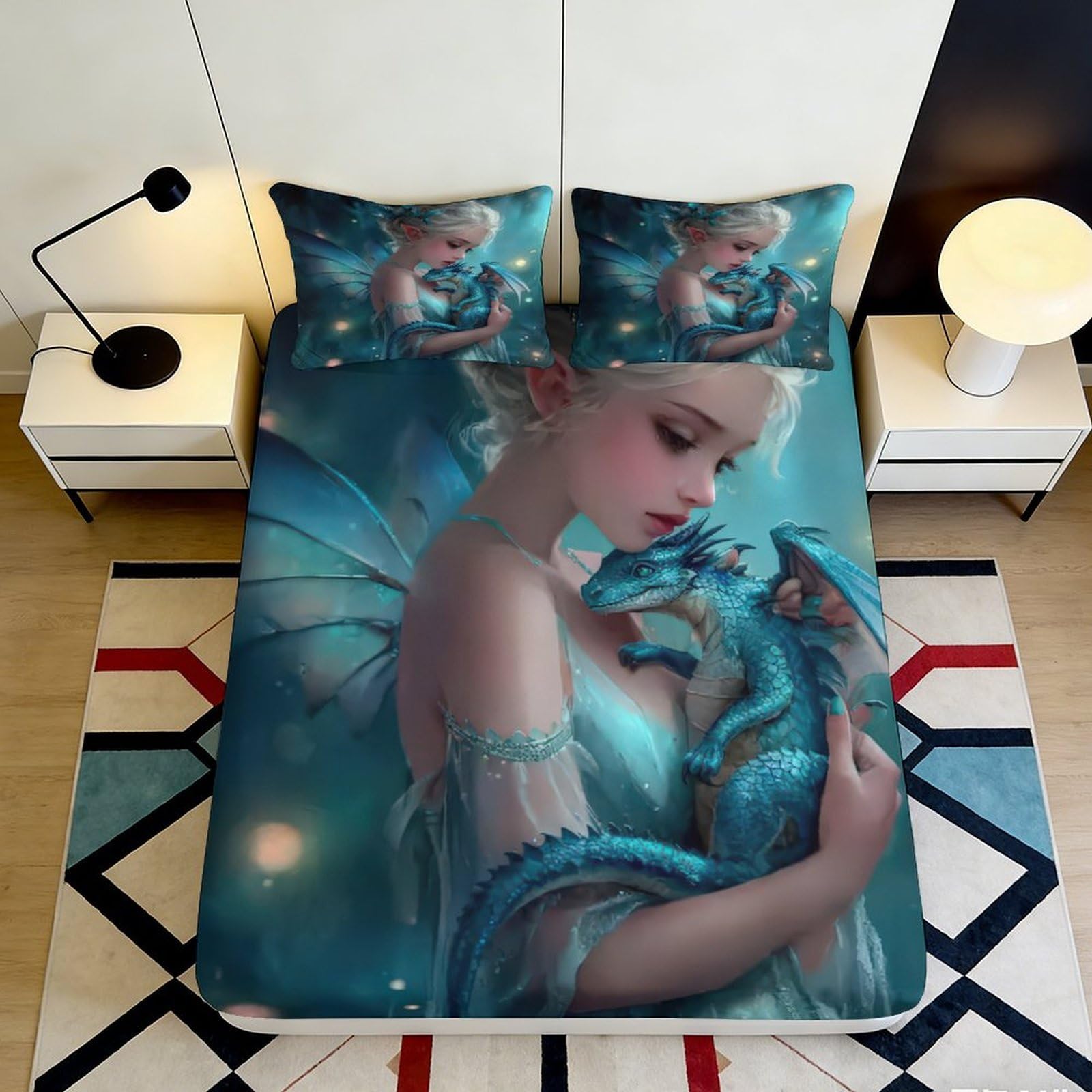 Jqzkxnhpbr Style-10 3D Printed Fantasy Fairy Dragon Fitted Sheet Microfiber Soft Blue Bed Cover For Bedroom Guest Room Decor 90X200x25cm