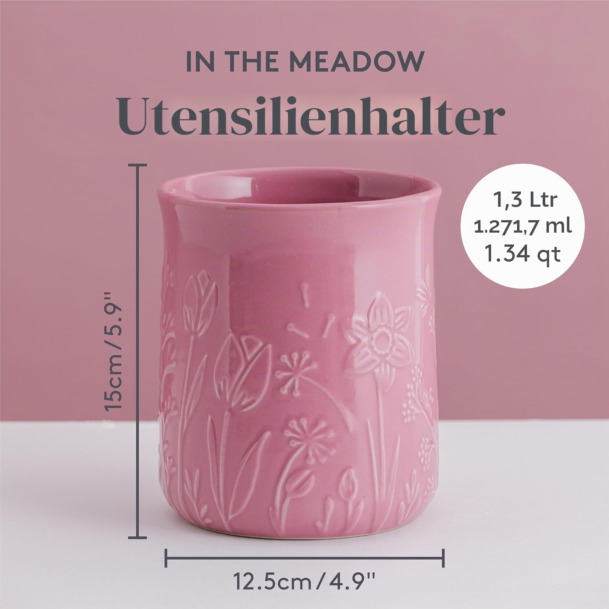 Mason Cash In the Meadow Utensilienhalter, 1,3 l, geprägtes Blumendesign, langlebiges Steingut, ideal für die Aufbewahrung von Küchenutensilien und Gadgets, klassische Küchenaufbewahrung (H15 x Ø 12,5
