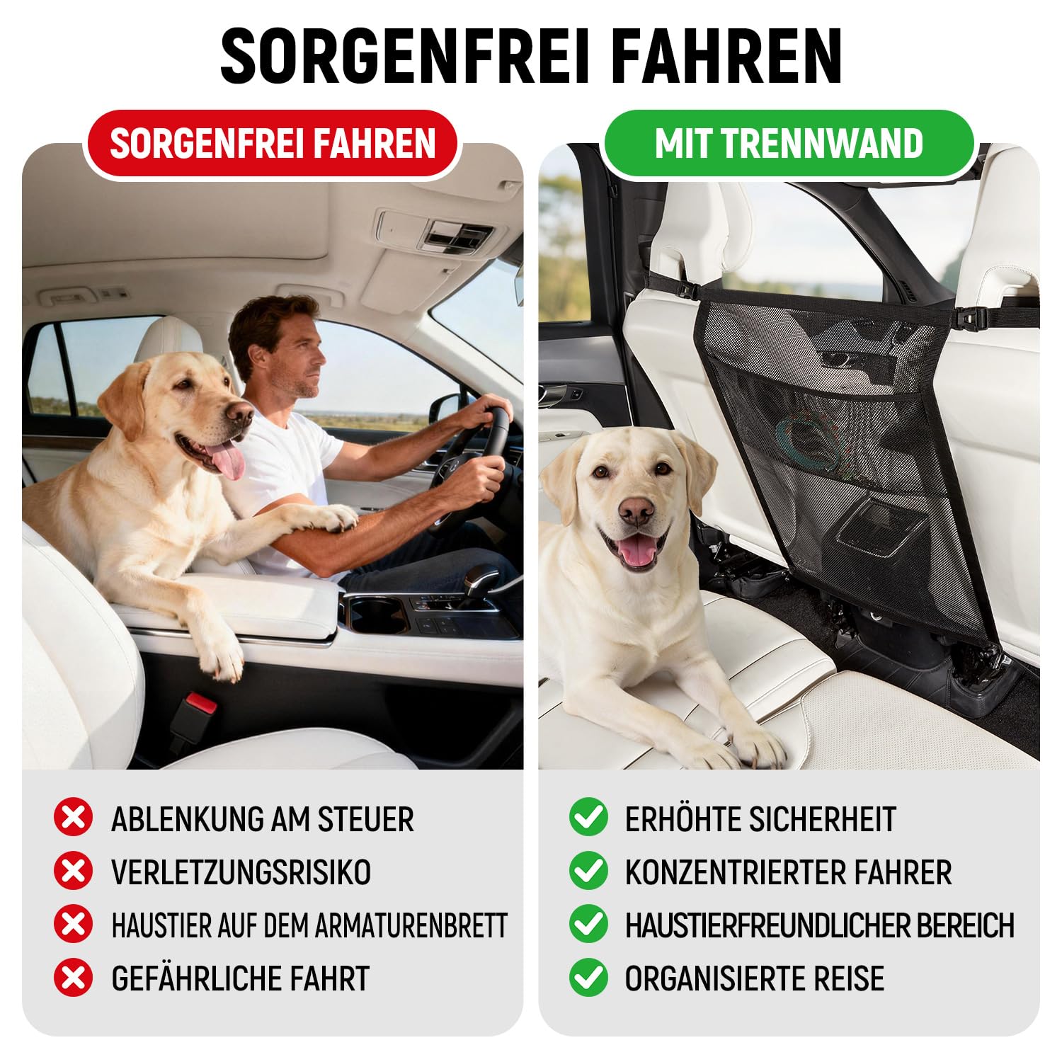 GGW Hundegitter Auto für Vordersitz mit Taschen Universal Absperrung Netz