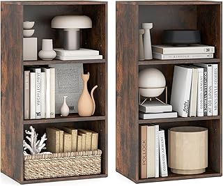 LOKO 3-Tier Cube Bookcase Set of 2, Modern Open Bookshelf with Adjustable Shelves, Floor Standing Cubby Display Cabinet, Wooden Modular Storage Organizer for Living Room, Study, Home Office (2, Brown)