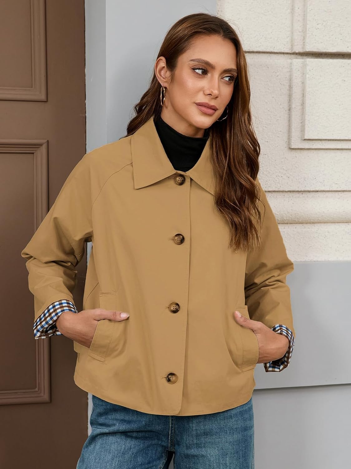 LifeShe Womens Cropped Trench Coat Single Breasted Classic Lapel Overcoat Plaid Lined Oversized Outerwear