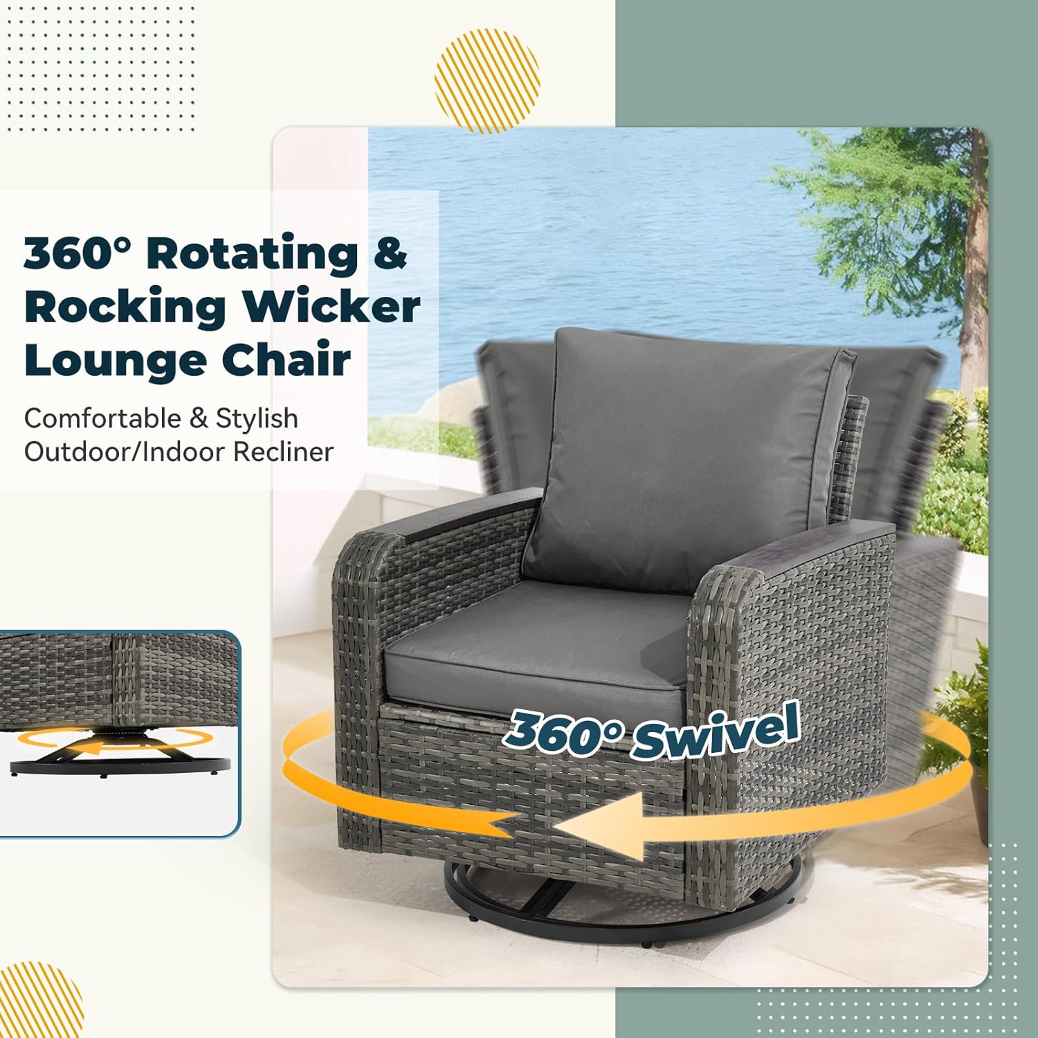 6 Pieces Patio Furniture Sets with Swivel Chairs, Outdoor Furniture Set Sofa Couch for Porch Deck Bistro Lawn Garden Backyard Poolsid- Grey