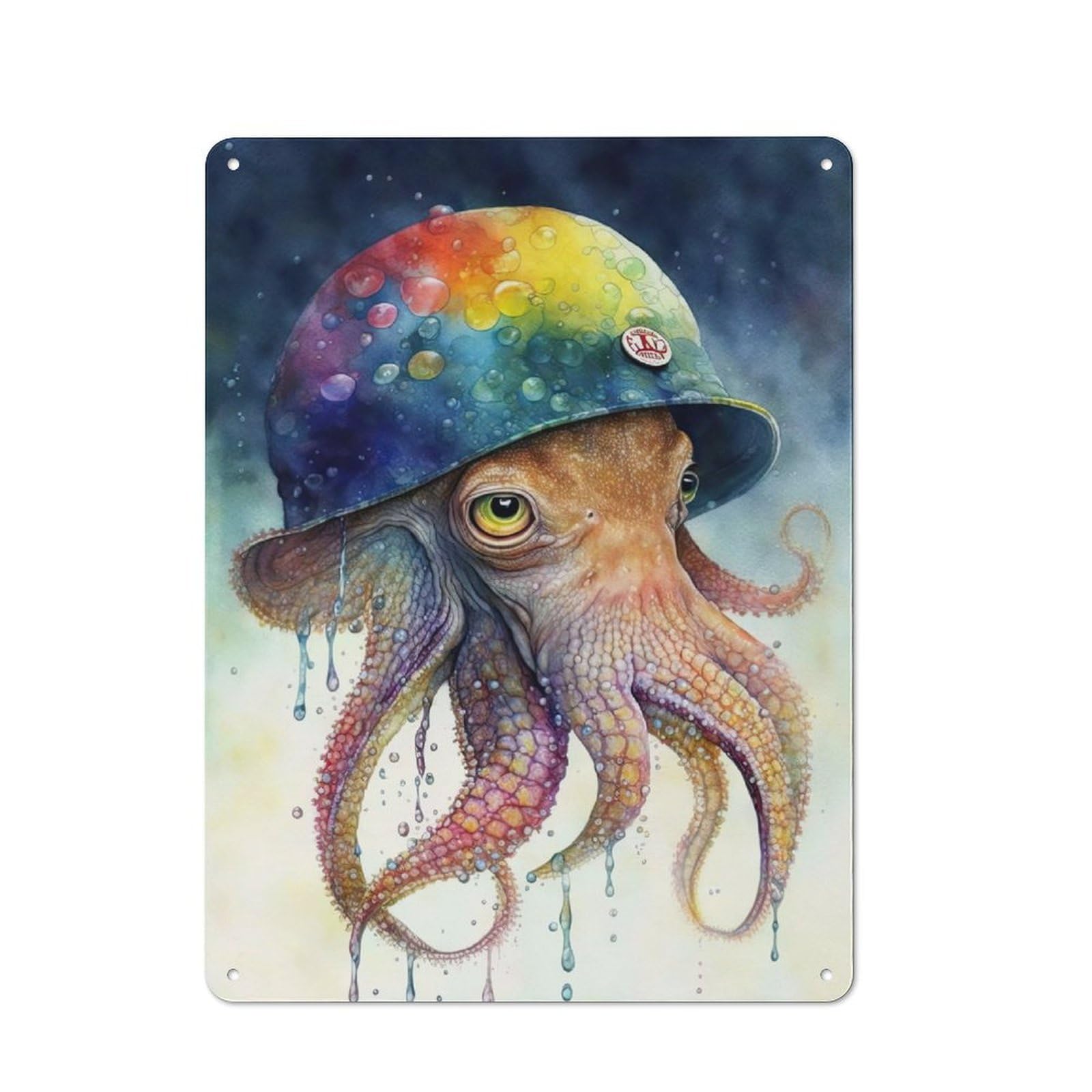 Junmoney Octopus In Watercolor Retro Metal Plaque 40X30cm For Dining Room Or Kitchen, For Home Interiors, Feature Walls And Decorative Displays