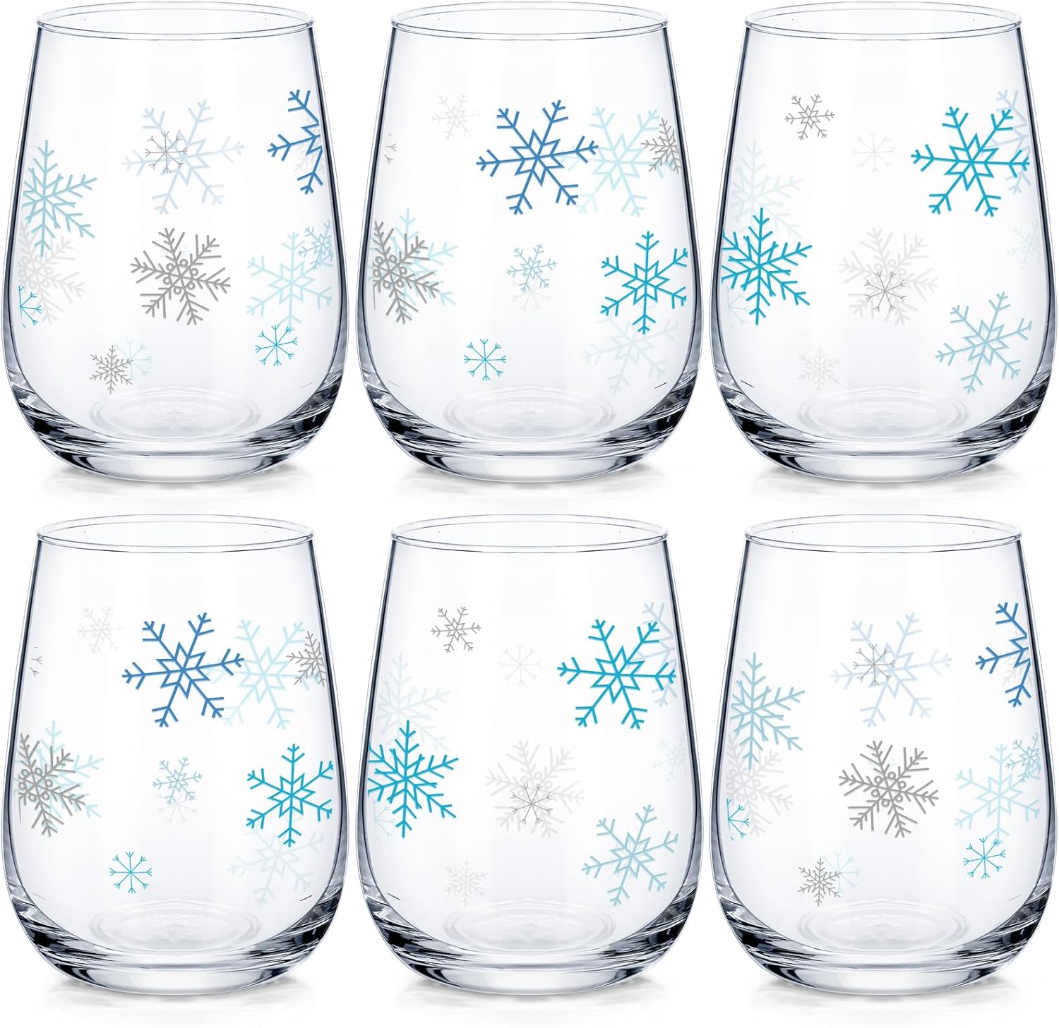 Maxcheck Snowflake Winter Wine Glass Set, Set of 6 Stemless Glasses with Snowflake Design Christmas Birthday Gift for Family Xmas Winter Present Holiday Party Gift, 17 oz(Blue)