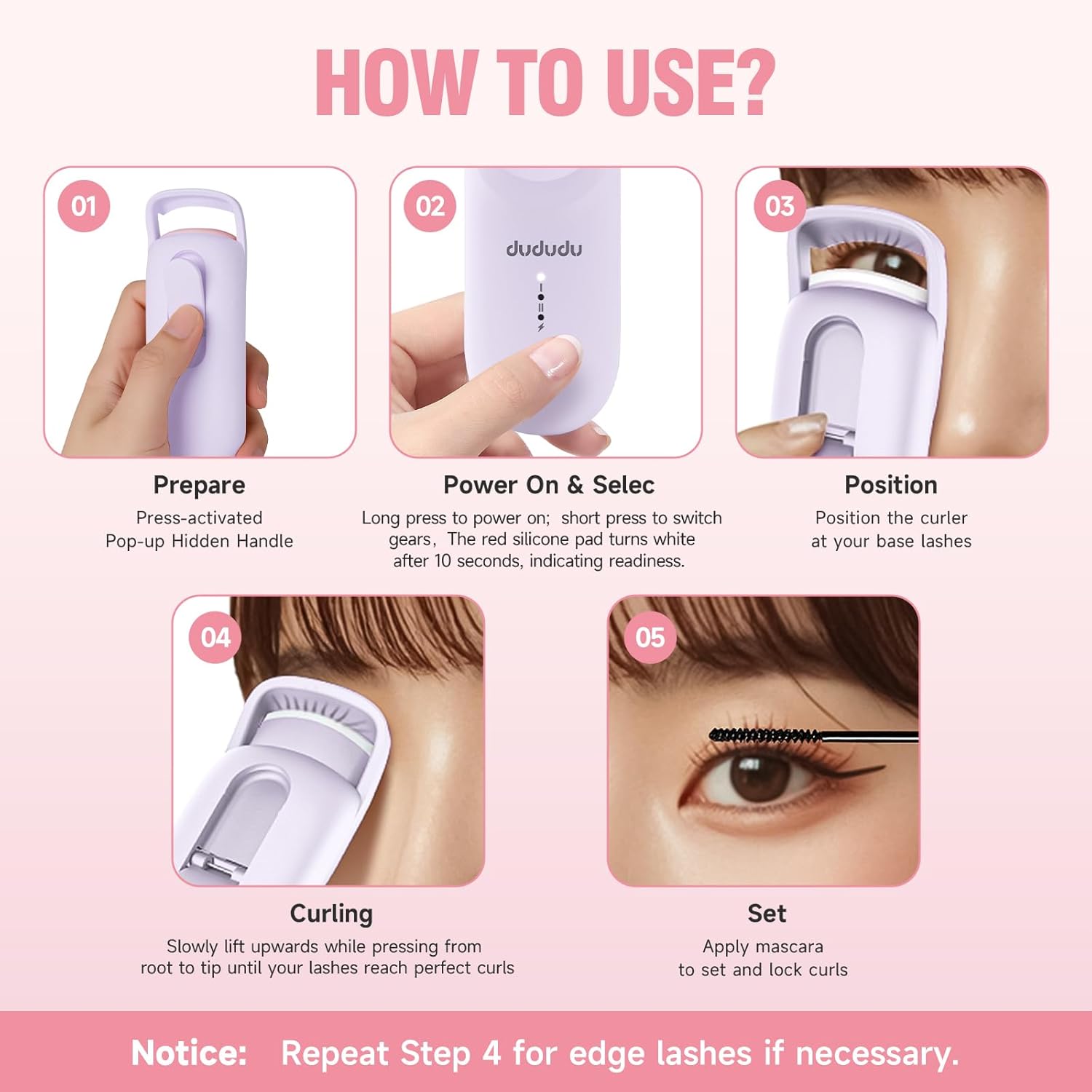 DUDUDU Heated Eyelash Curler, Portable Travel-Size Mini Electric Heated Lash Curler - 2-Level Adjustable Temp & Type-C Recharge, 10S Heat 3S Style 24H Lift for Long-Lasting Natural Effortless Curves