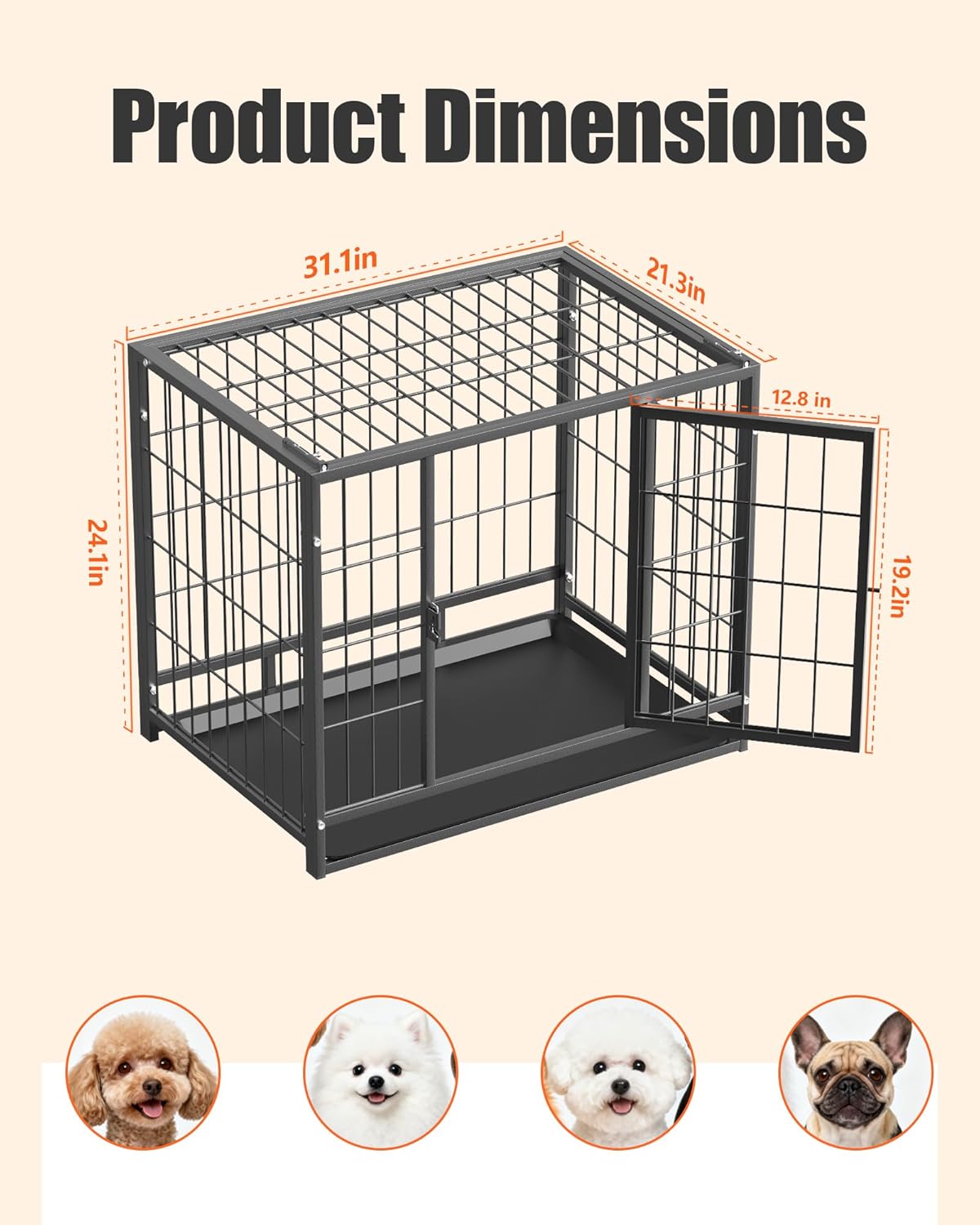 HIWOKK 32 Inch Dog Crate, Escape Proof Dog Cage with Dual Door Lock, Removable Tray for Easy Cleaning, Dog Kennel Indoor Outdoor Use
