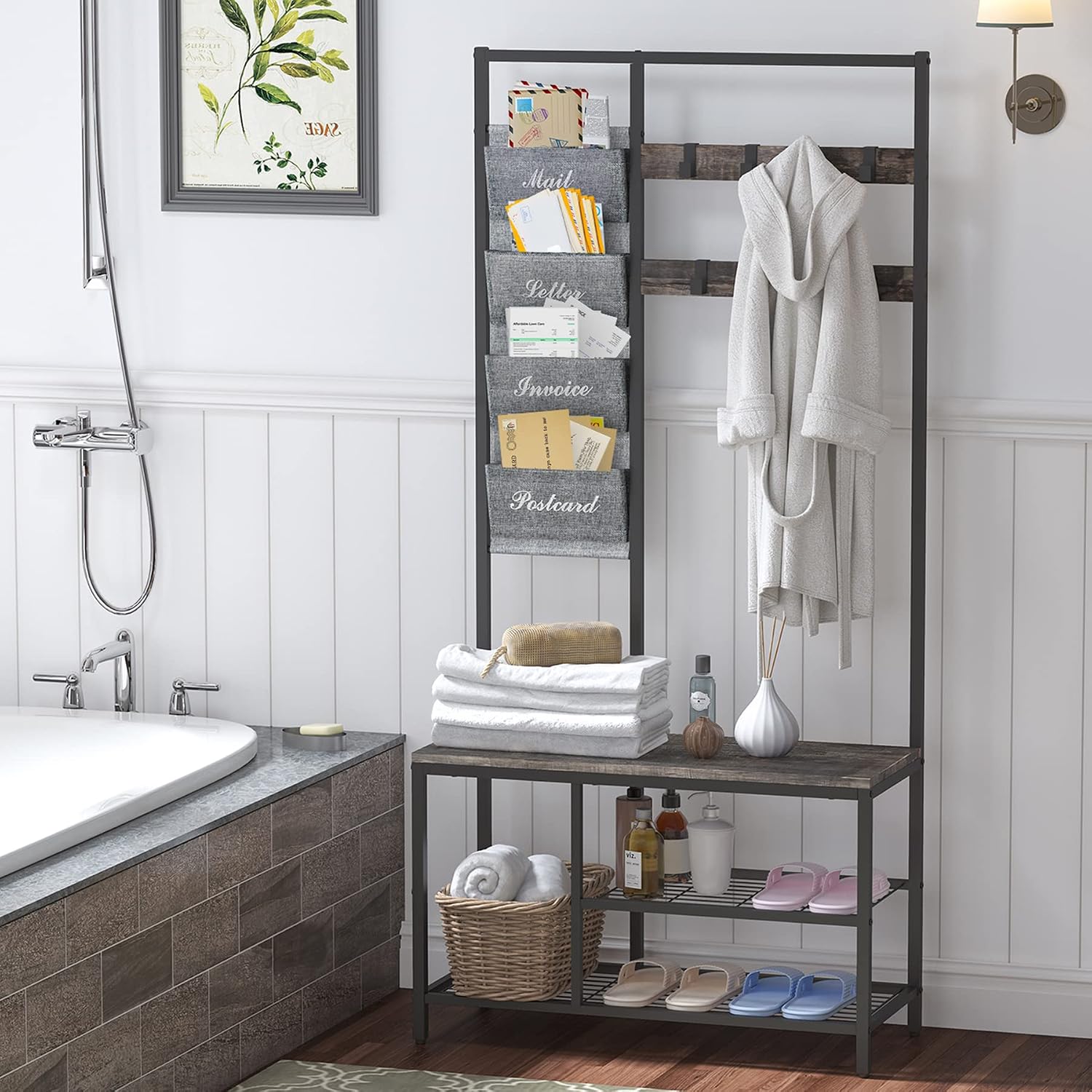 Hall Tree with Mail Storage, Entryway Bench with Coat Rack and Shoe Storage 3-In-1 Design Entryway Hall Tree with Mail Organizer, Industrial Metal and Wood Coat Shoe Rack (Antique Pine)