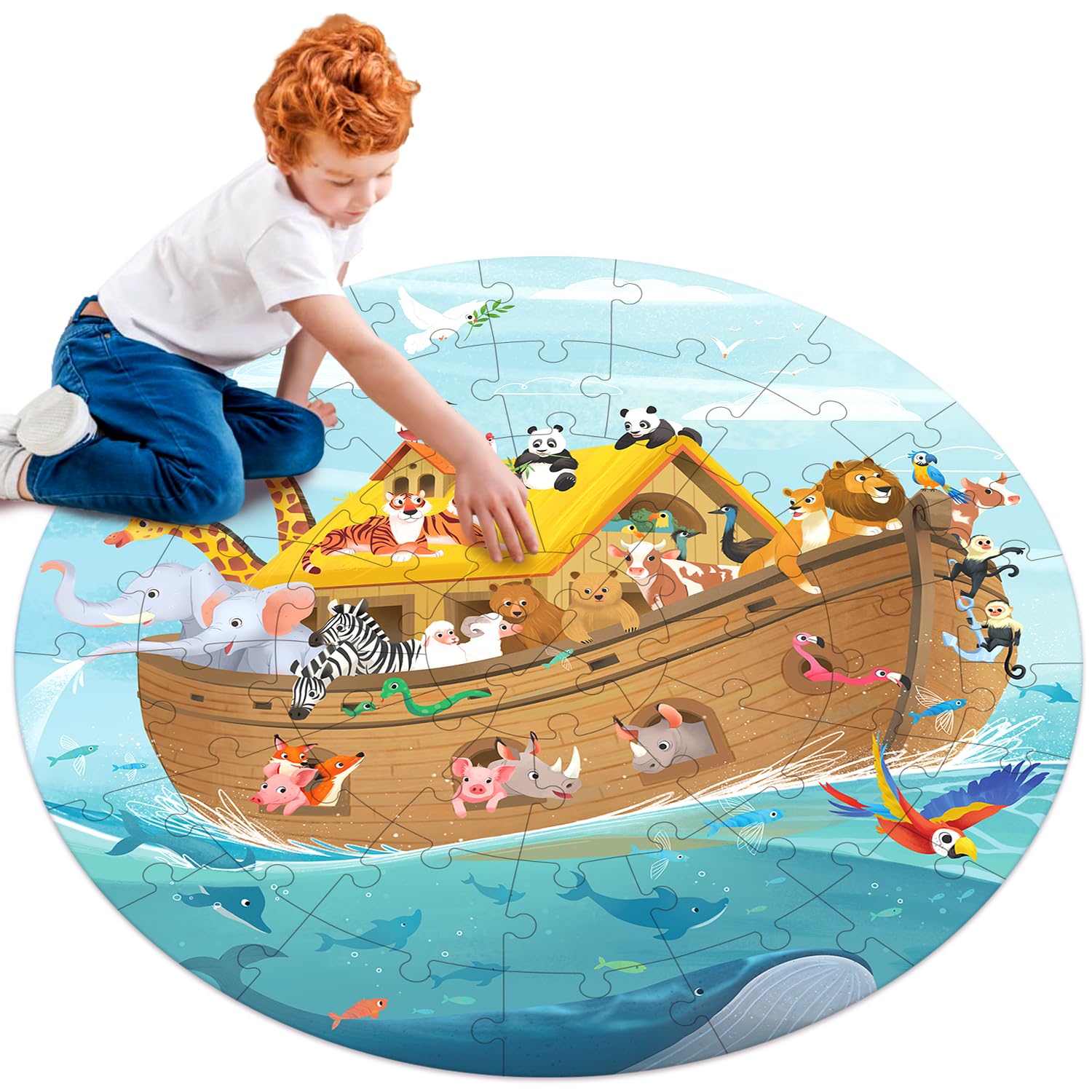 MoinKidz Wooden Noah's Ark Puzzle for Kids Ages 4-8, Large 48 Piece Round Floor Puzzles for Kids Ages 3-5, Christian Bible Religious Wooden Jigsaw Puzzle for 3 4 5 6 7 8 Year Old