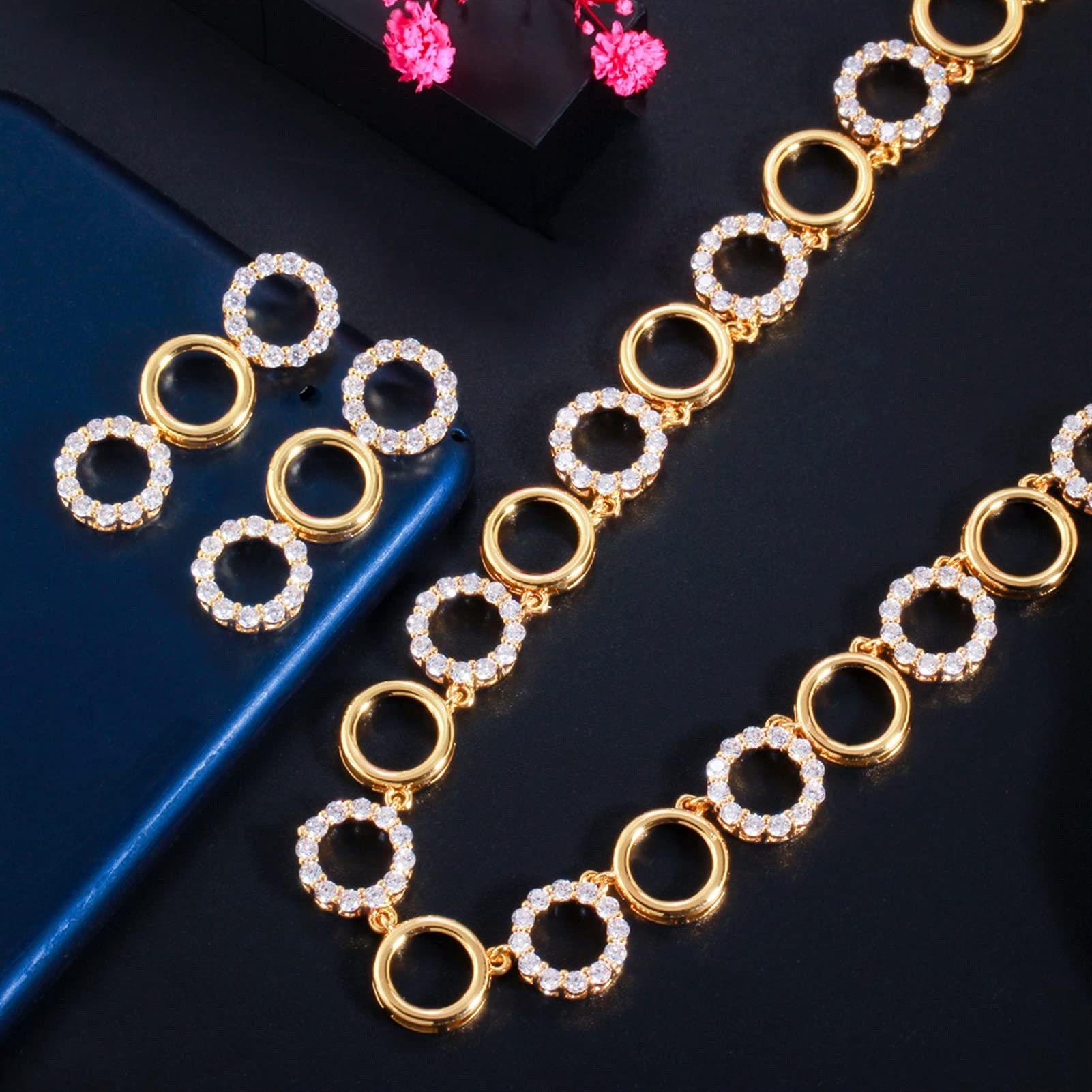 Schmuck Runde Zirkonia Kette Gold Farbe Frauen Hochzeit Halskette Ohrringe Schmuck-Set Für Bräute