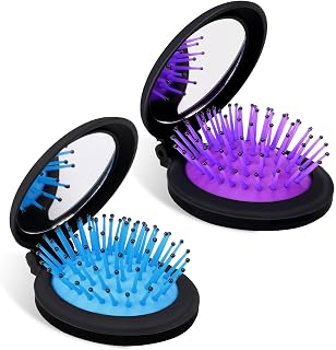 2 Pcs Folding Travel Mirror Hair Brushes Round Hair Brush with Mirror Mini Round Pocket Comb Brush Portable Travel Size Comb for Men Women Purse Pocket (Purple, Blue)