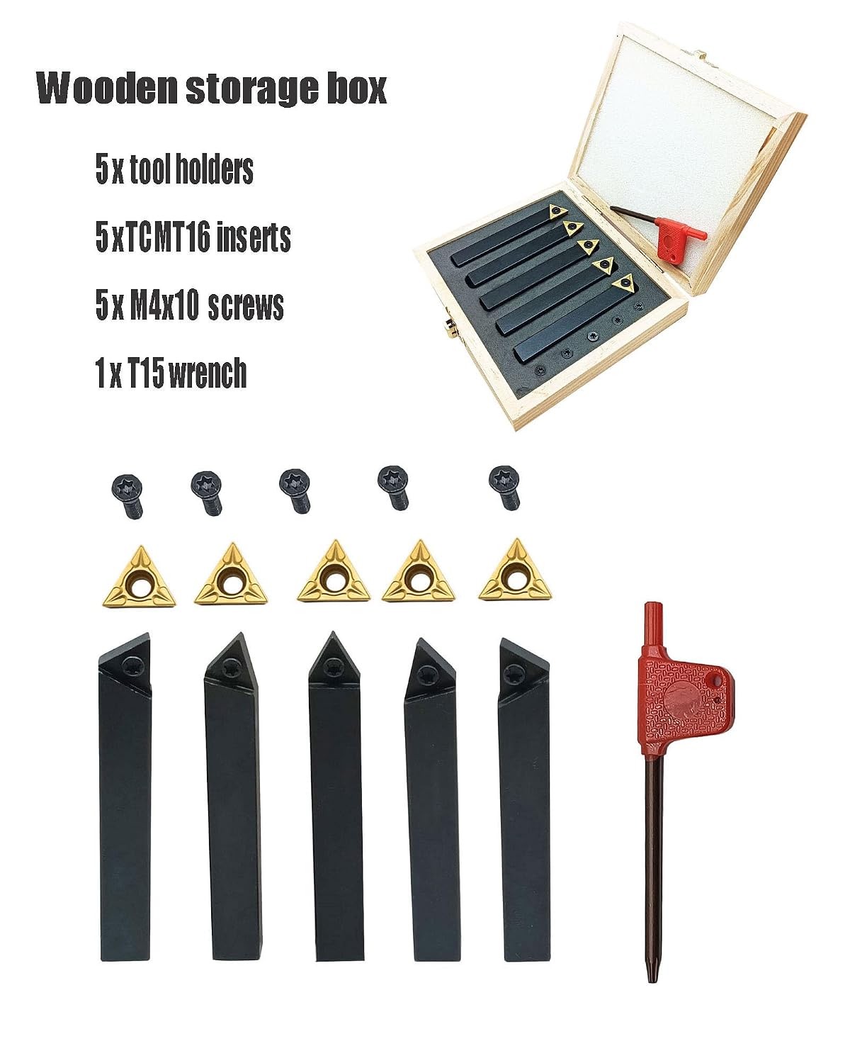 5pcs 1/2inch Shank Turning Tooling Bit Holder Set with TCMT16T304 TCMT32.51 Inserts Turning Inserts Indexable Carbide Insert for Steel, Stainless Iron and cast Iron (TCMT16T304+1/2" Holder)
