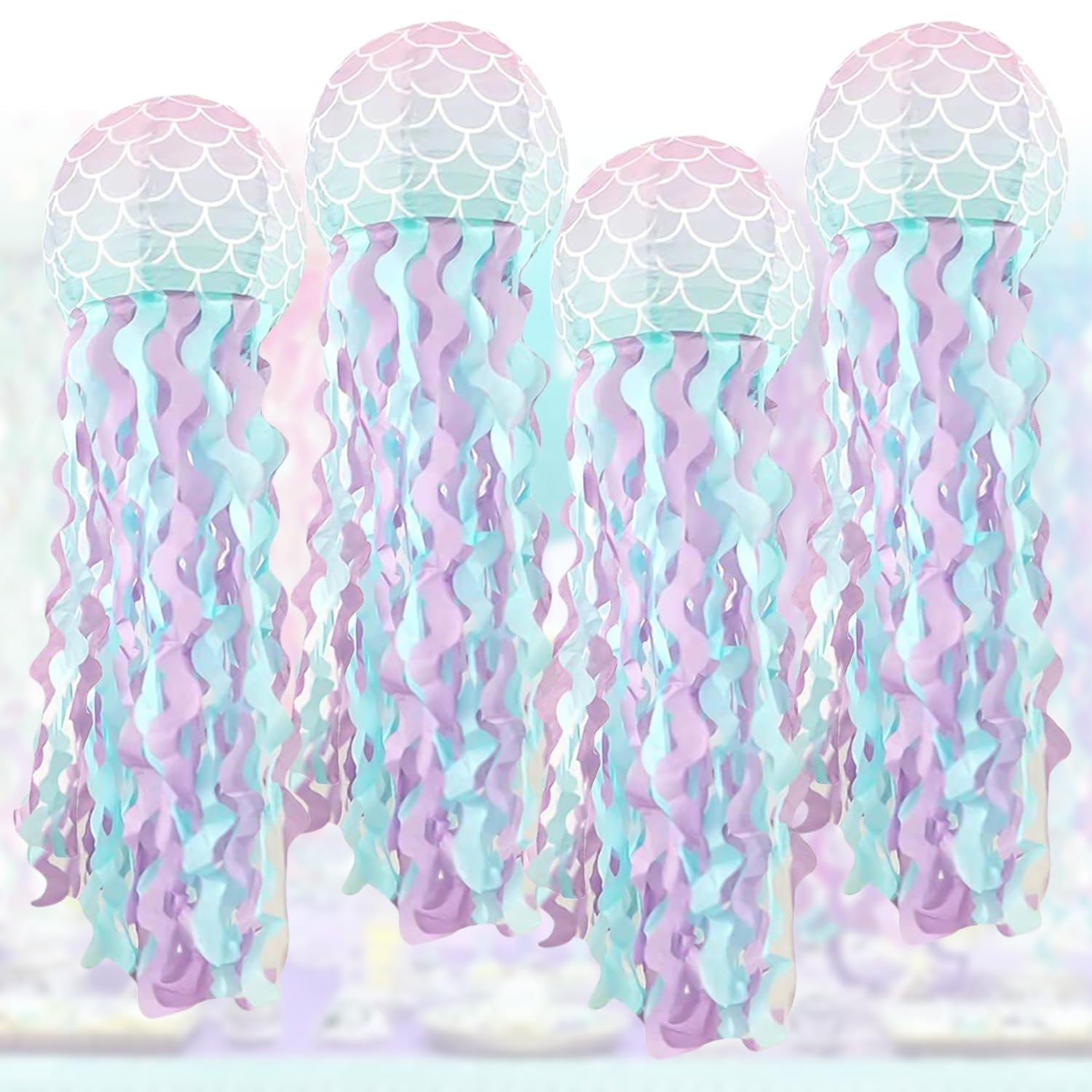 Linternas de Papel de Medusas: TOATELU 4 Piezas 25cm/10inch Linternas Decorativas de Sirena, Decoraciones de Fiesta de Cumpleaños, Suministros de Fiesta Temática del Océano