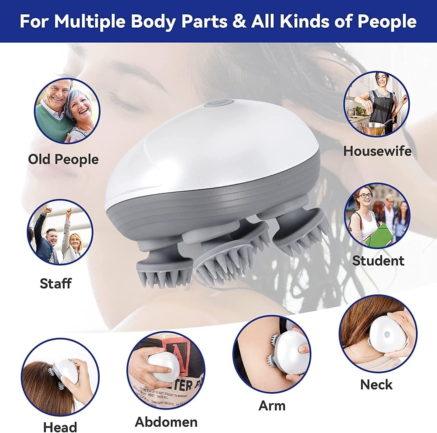 BIBIRE Masajeador eléctrico de cabeza inalámbrico, masajeador de mano IPX7, resistente al agua, con 4 cabezales de masaje y 3 modos de masaje, para masaje de cuerpo completo, cuerpo de perro