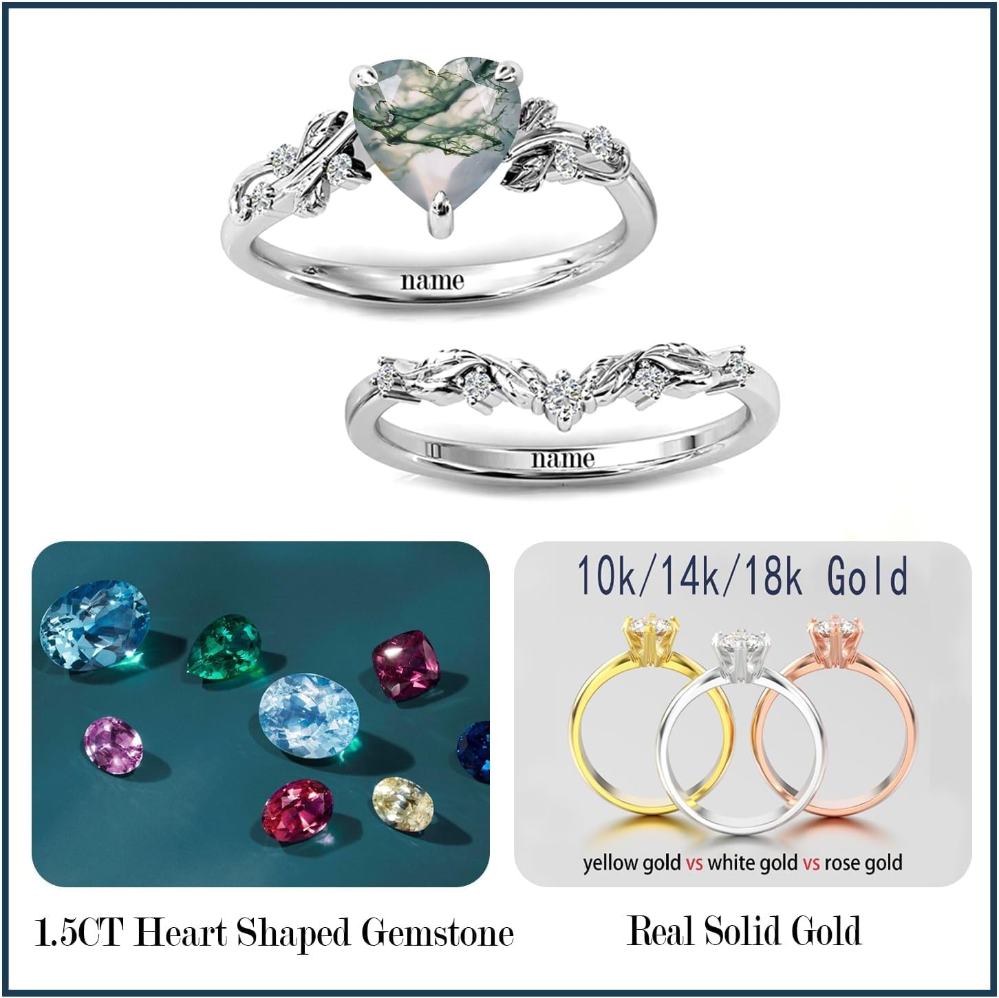 Natural Moss Agate Engagement Ring Set 925 Sterling Silver Rings for Her with Free Engraving Jewelry Gift for Women Moss Agate Vintage Ring Set-15