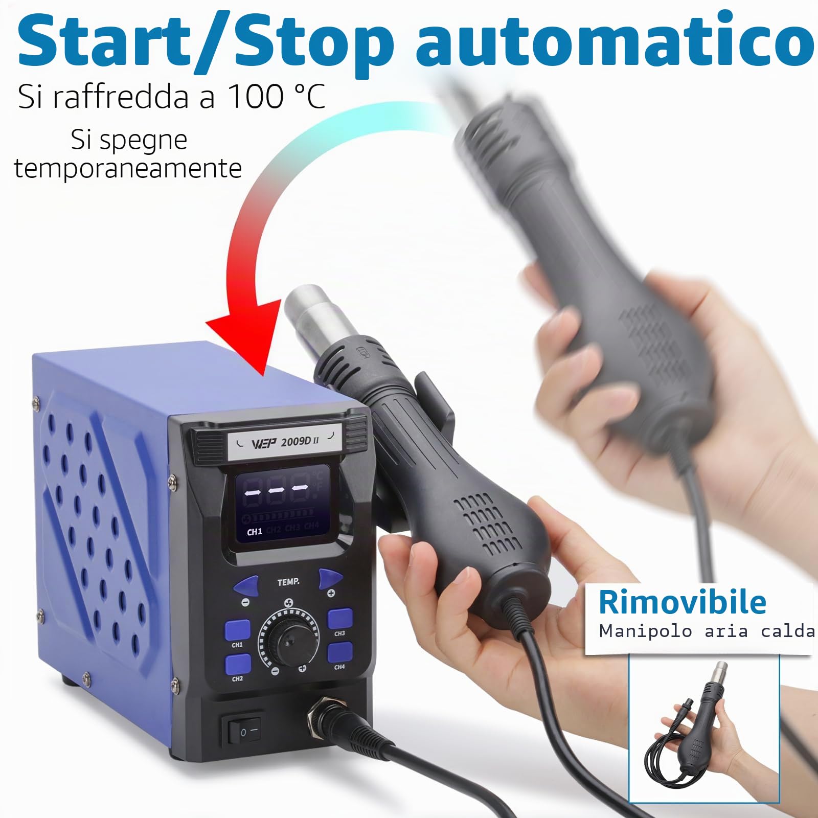 WEP 2009D-II Stazione Saldante Aria Calda ad aria calda con pistola saldante rimovibile, 4 canali preimpostati, Temperatura regolabile 100-480℃, Stabilizzazione temperatura PID(EU)