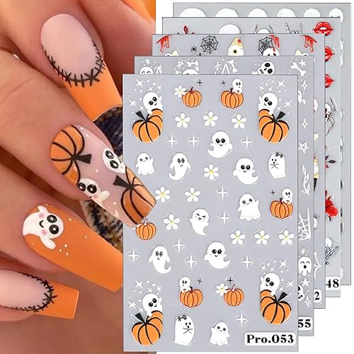 Calcomanías de uñas de Halloween, fantasma, calabaza, 6 unidades, calabaza, calabaza, rosa, calavera, araña, diseños de telaraña, calcomanías