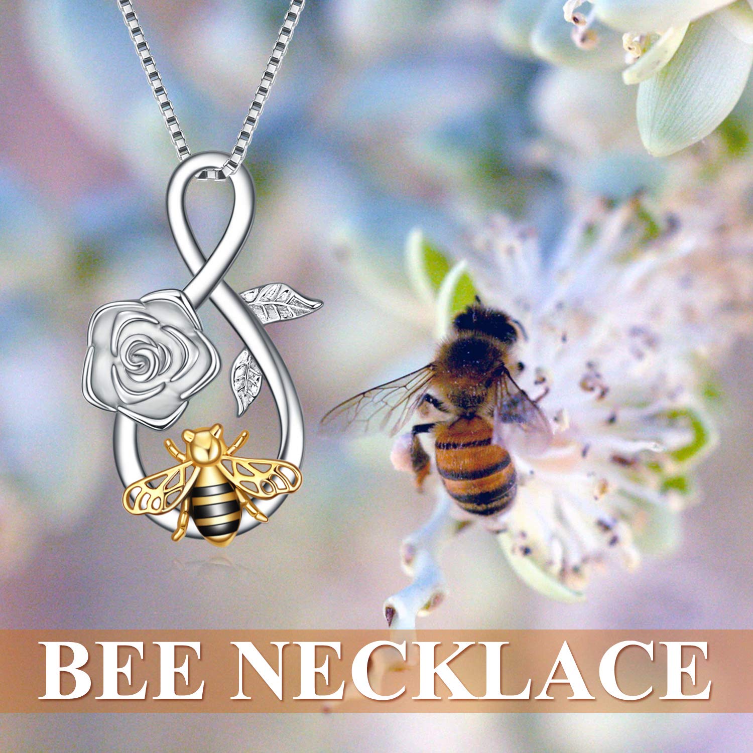 YAFEINI Bee Necklace Sterling Silver Infinity Love Bee Pendant Necklace with Rose Flower Jewellery Gifts for Women Teens