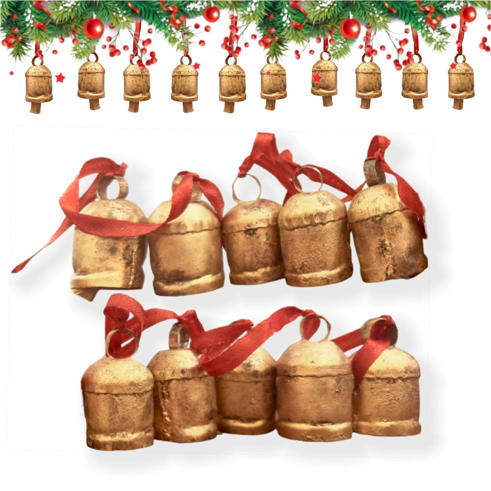 Shabby Chic Bells Style Ten DIY Small Rustic Cow Bells for Crafts Jingle Hanging Bells with Ribbon Roll for Christmas Trees