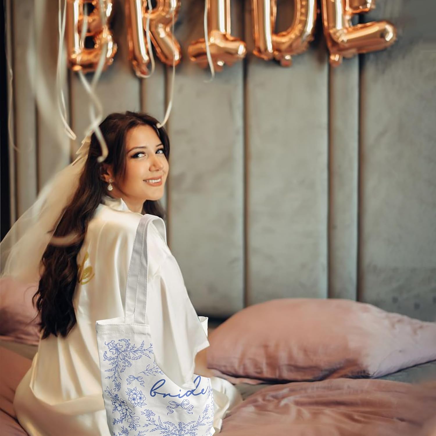 LADY & HOME Bride Tote Bag Blue White Bag for Bridal Shower Wedding Honeymoon Gifts - Image 7