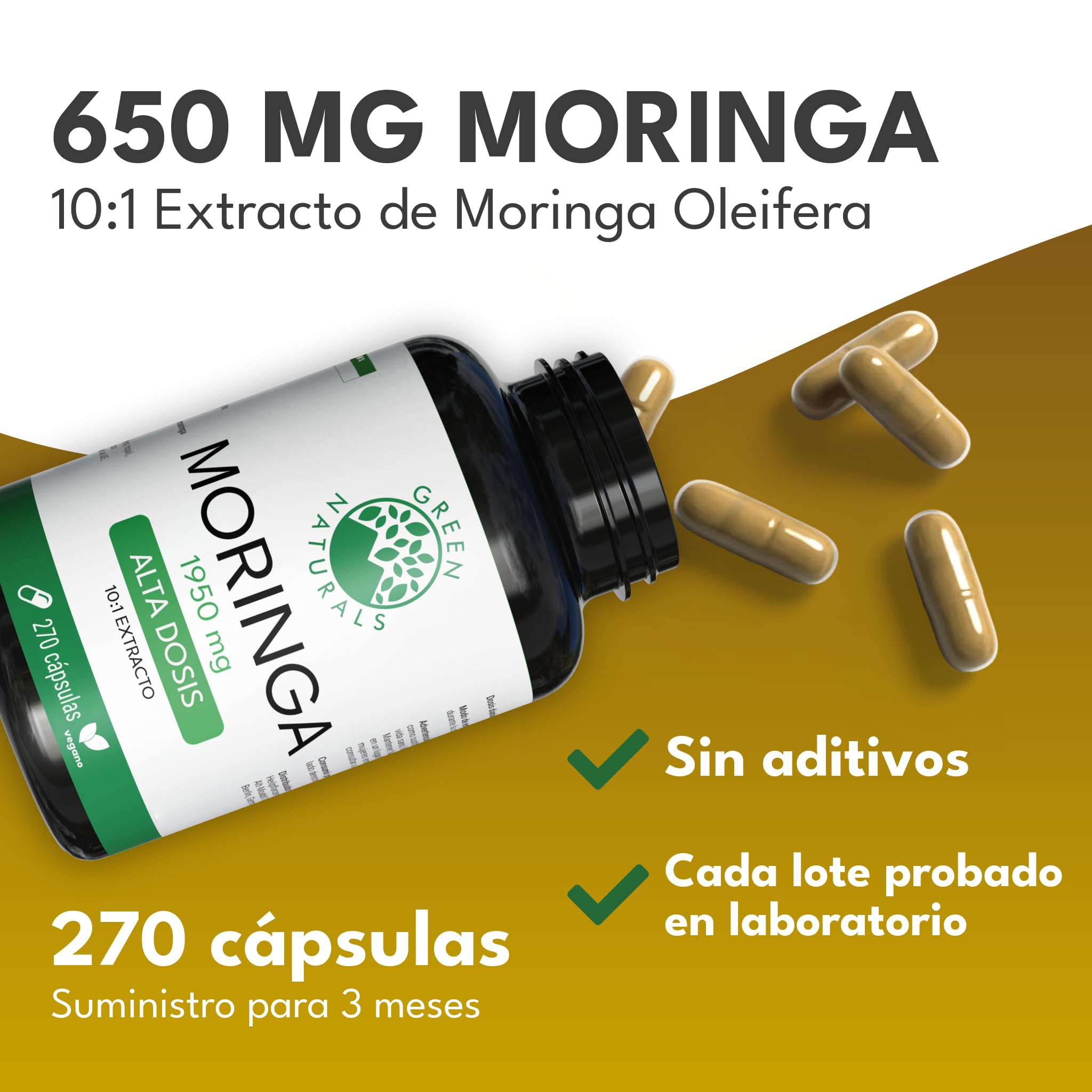 Moringa Oleifera – Alta dosis: 19.500 mg de polvo de moringa (1.950 mg de extracto (10:1)) – 100% vegano y sin aditivos – 270 cápsulas (3 meses) – Vegano y analizado en laboratorio – Green Naturals®