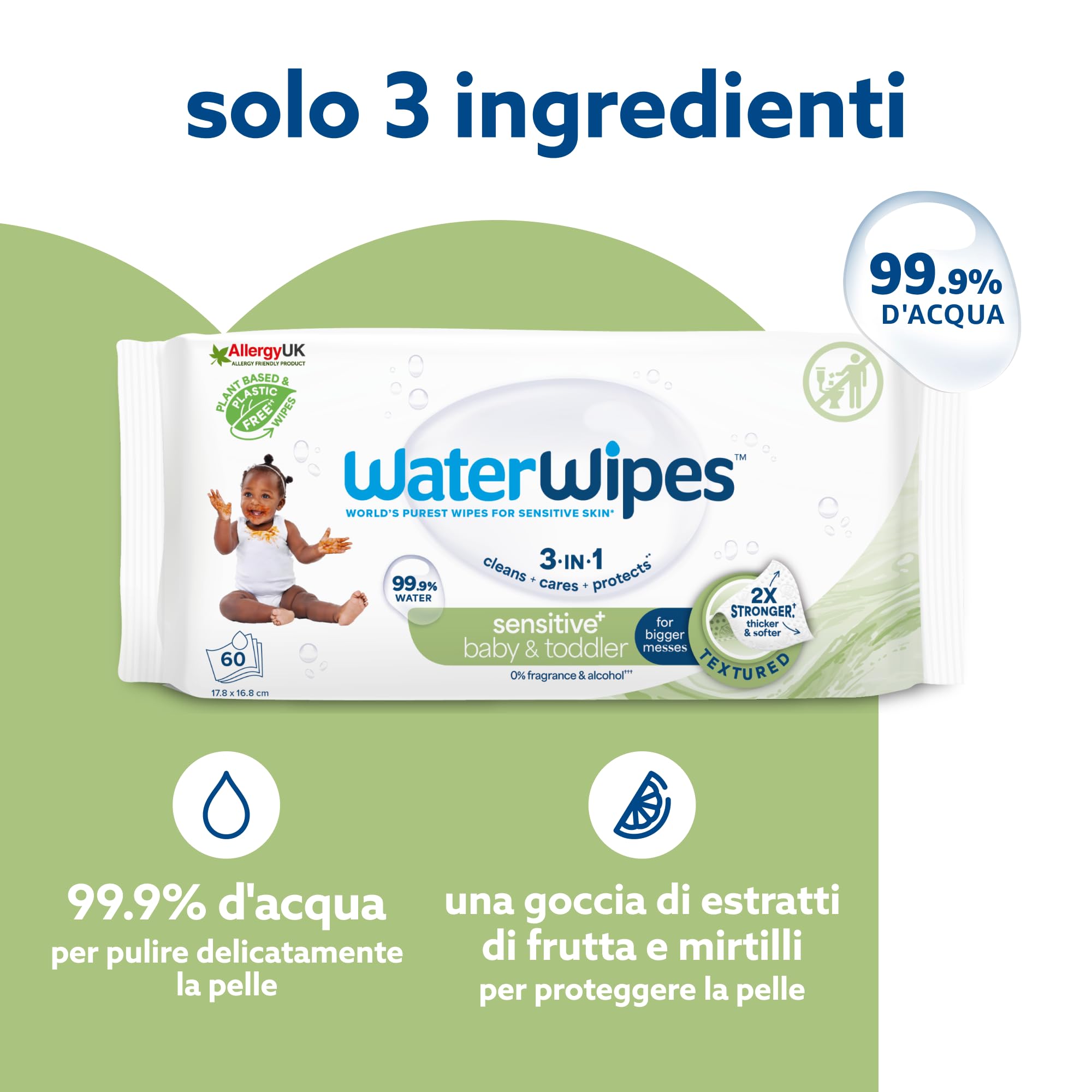 WaterWipes Sensitive+ Baby & Toddler Wipes, Salviettine per Neonati e Bambini Piccoli, 240 Pezzi (4 Confezioni), Deterge, Cura, Protegge, 99,9% Acqua, Texture Pulente, Senza Profumo