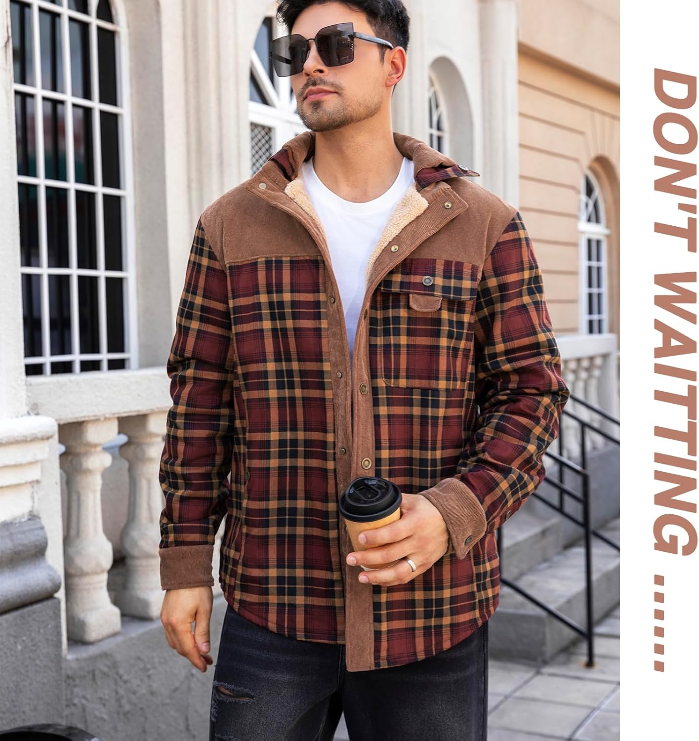Men's Sherpa Fleece Lined Shirt Winter Outdoor Warm Flannel Jacket-Plaid Patchwork, Lapel Collar, Multi-Pocket - Image 6