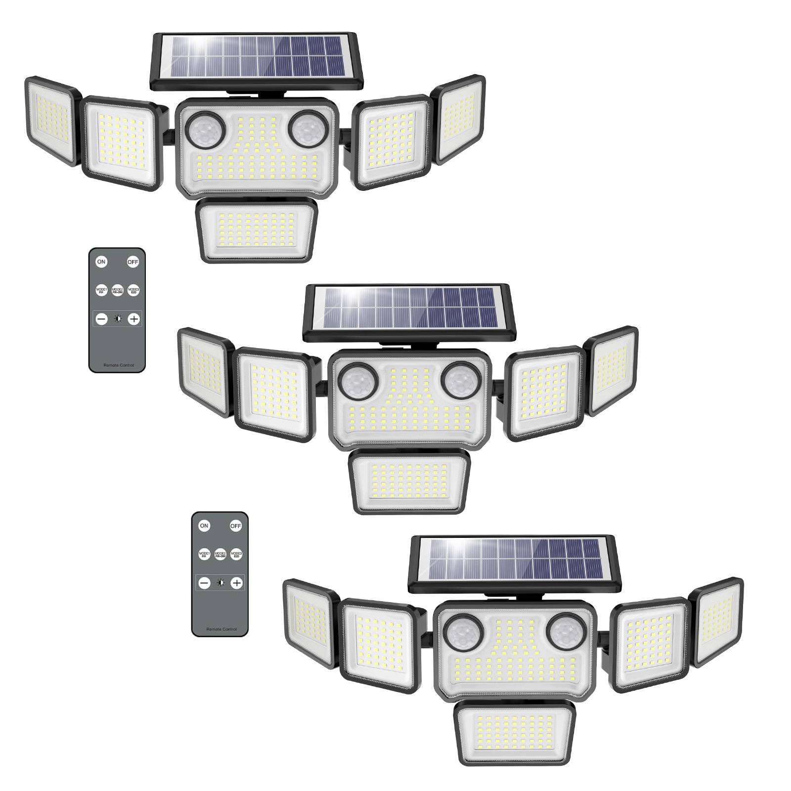 Luces solares con sensor de movimiento dual para exteriores, 3000 lm, 6 cabezales ajustables, luces de pared de seguridad, IP65 impermeable y control remoto para gradado, exterior, patio
