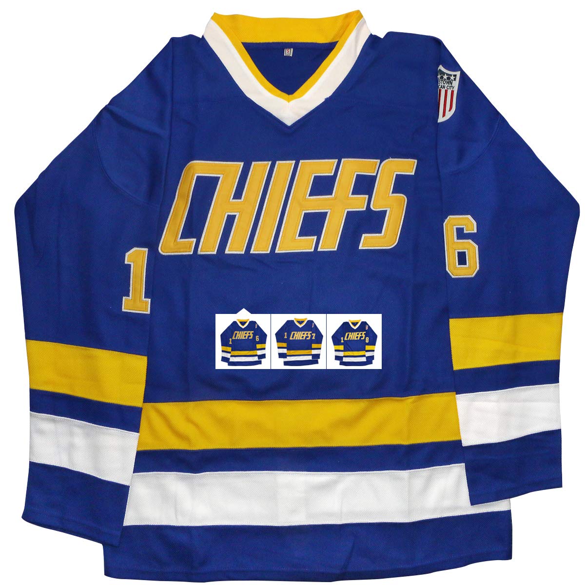 vinking Hanson Brothers Jersey, Charlestown Chiefs 16,17,18 Slap Shot Ice Hockey Movie Jersey - Blue - Large