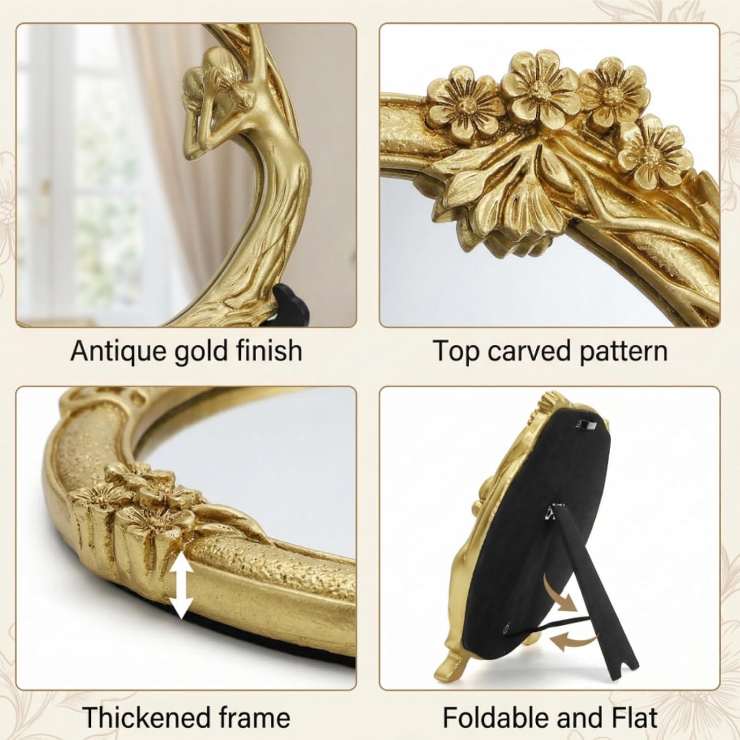 Eorbow Antique Vanity Desk Mirror, 9" D Small Gold Decorative Mirror for Wall, Vintage Hanging Round Mirror for Makeup Bedroom Living Room