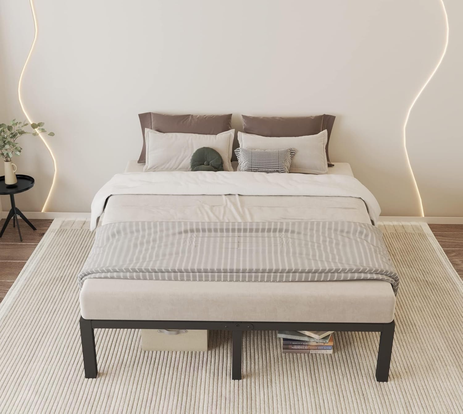 ROIL 14 inch Queen Size Bed Frame with Wood Slats - 3500lbs Heavy Duty No Box Spring Needed Platform, Mattress Stoppers Double Metal Noise Free Bedframe with Headboard Hole - Image 2