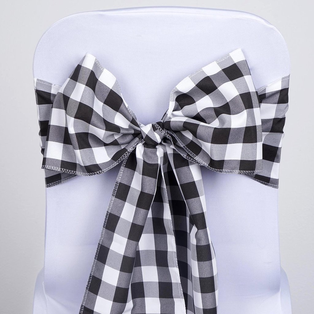 Balsa Circle 10 Black on White Gingham Checkered Polyester Chair Sashes Bows Ties - Wedding Party Ceremony Reception Decorations