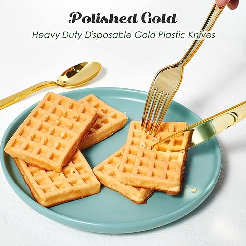 Miniatura 3 de FOCUSLINE Paquete de 300 cuchillos desechables de plástico dorado, cuchillos de plástico sólido y duradero, cubiertos desechables resistentes para