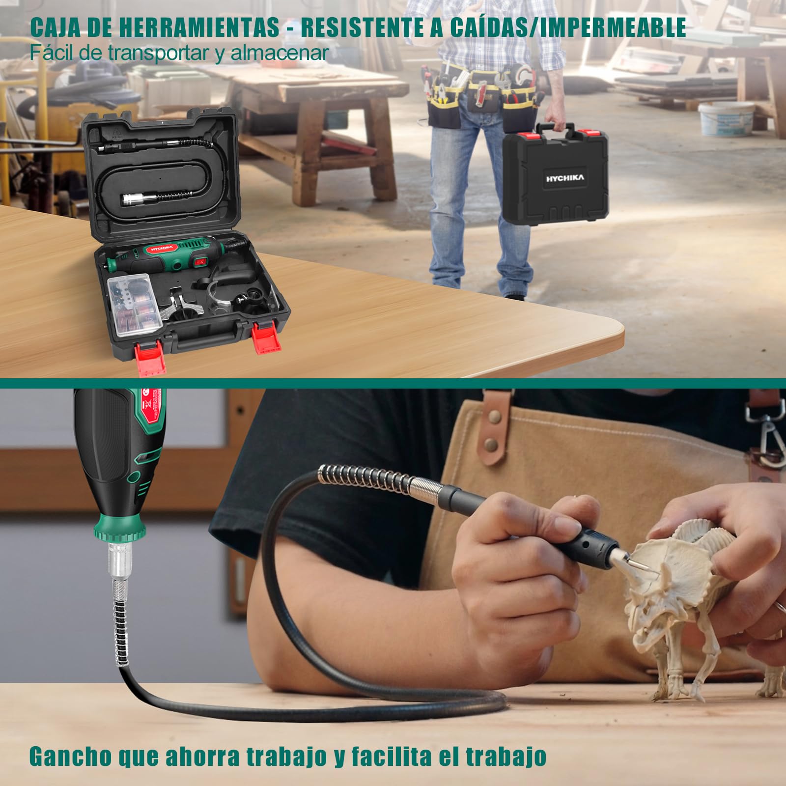 HYCHIKA Herramienta Rotativa 150W con afilador de motosierra. 7 velocidades 10 000-33 000 RPM.167 accesorios para lijar, pulir, cortar, taladrar y grabar